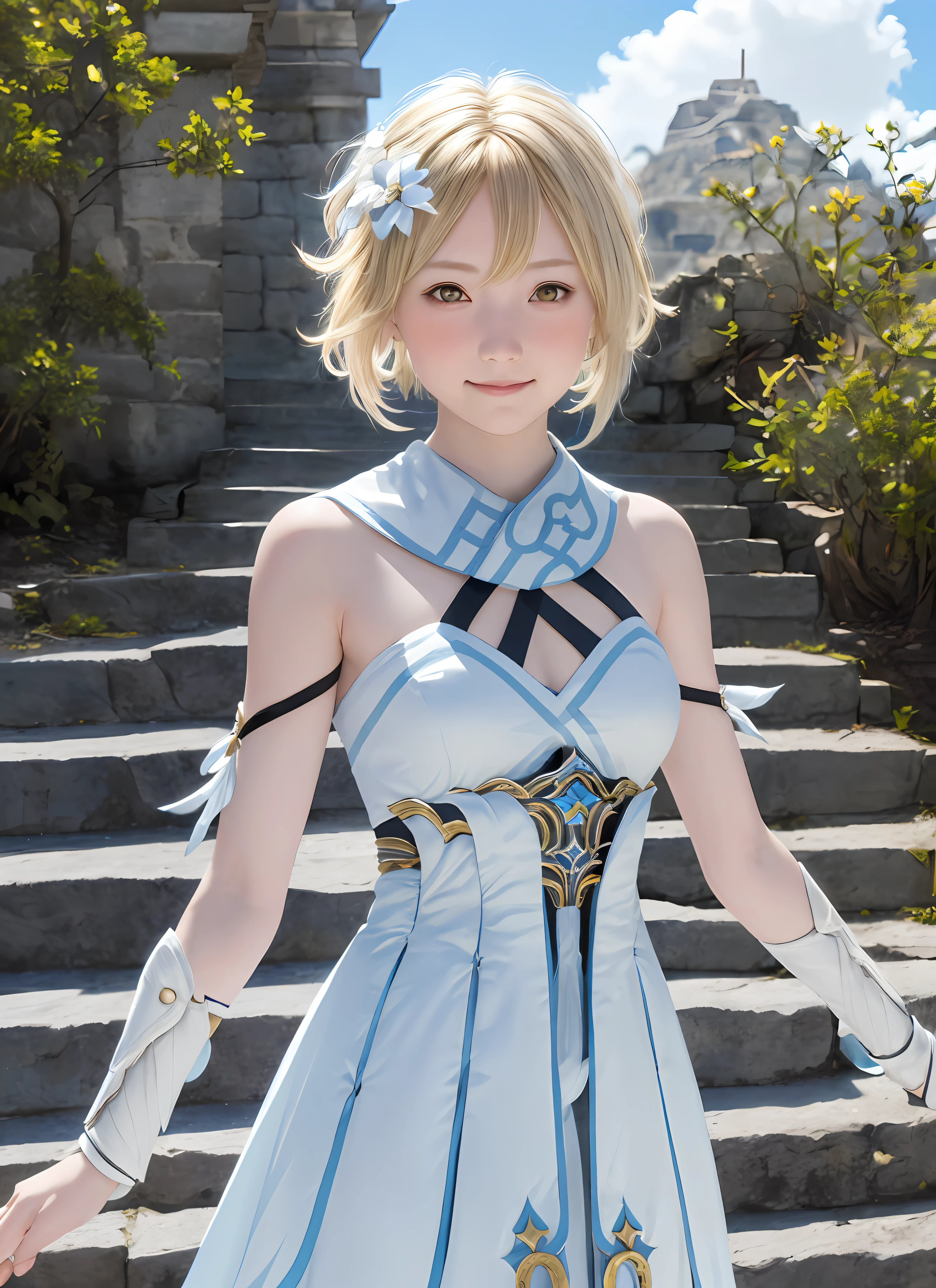 luminedef, upper body, smile, blush, outdoors, day, simple background, blue sky, short hair, sky, temple, looking at viewer, stairs, mountain, moody lighting,