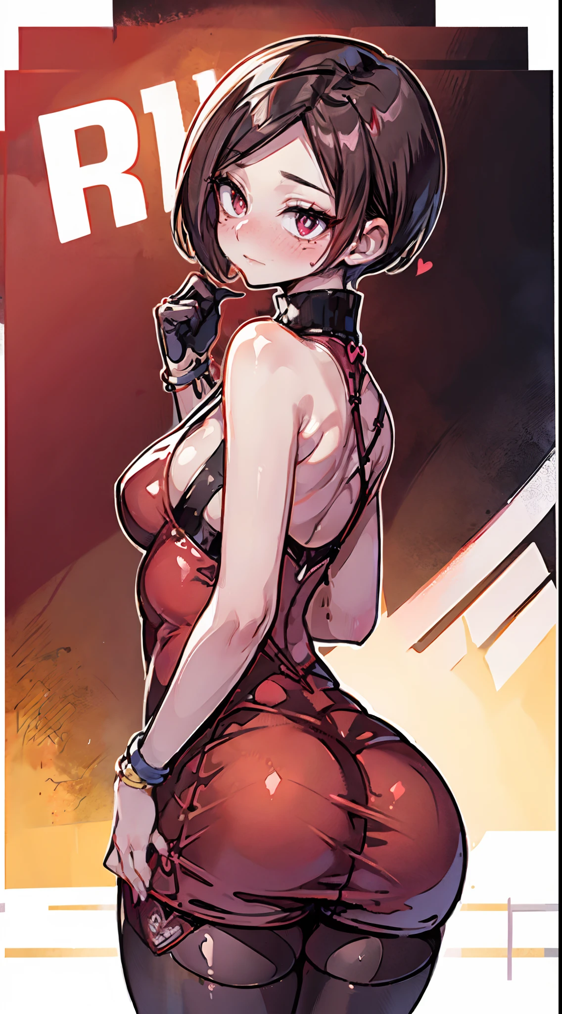 Ada Wong,A white border around a red rectangular background,Red sweater,Back view,sitted,bare butts,D cup,High detail,ahegao face,Moles under eyes, Heart-shaped pupils,Love pupils,cropped shoulders,Lots of hearts,Fleshy thighs,highly rendered,detailed face with
