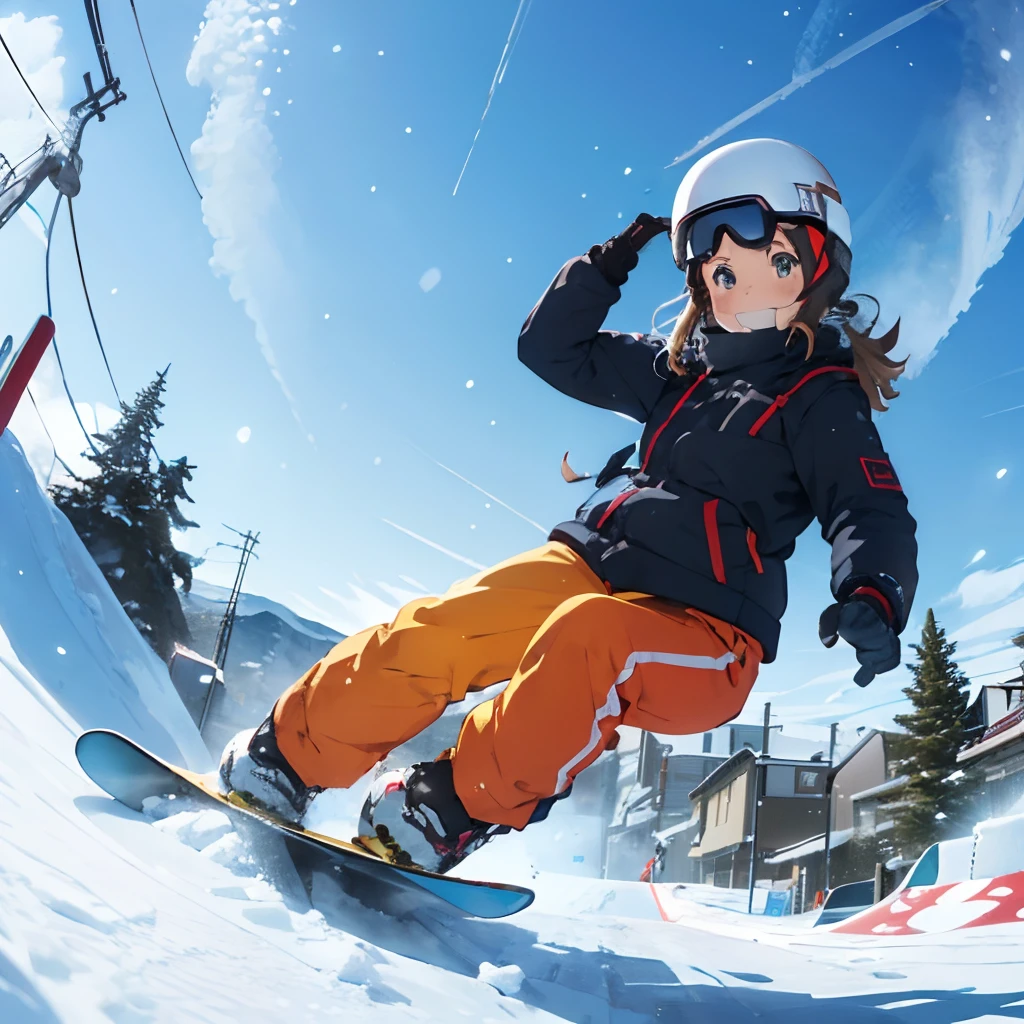 masutepiece, Best Quality, 8K_Wallpaper, (Beautiful eyes), ((There is a lift on the left)), Cute, (Yellow Wear、Outerwear is blue、Red pants),1girl in,small tits,1 schoolgirl、Smile,()、(((There is snow piled up higher than the head)))、Ski resort on a sunny day、snow board、(((A girl is snowboarding down a slope)))(((Wear a snowboard)))、