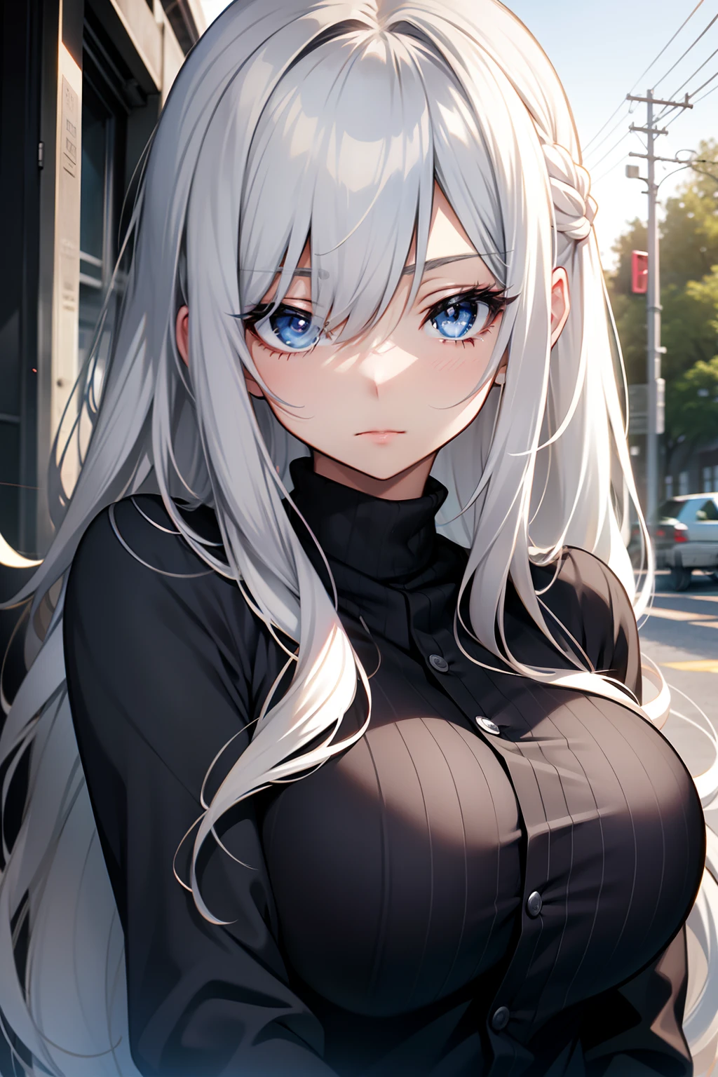 a beauty girl，Silver hair，Long、Slender eyes，slightly larger breasts，Manga style，fulcolor，hi-school girl，sleepy expression、skin whitening，light skinned