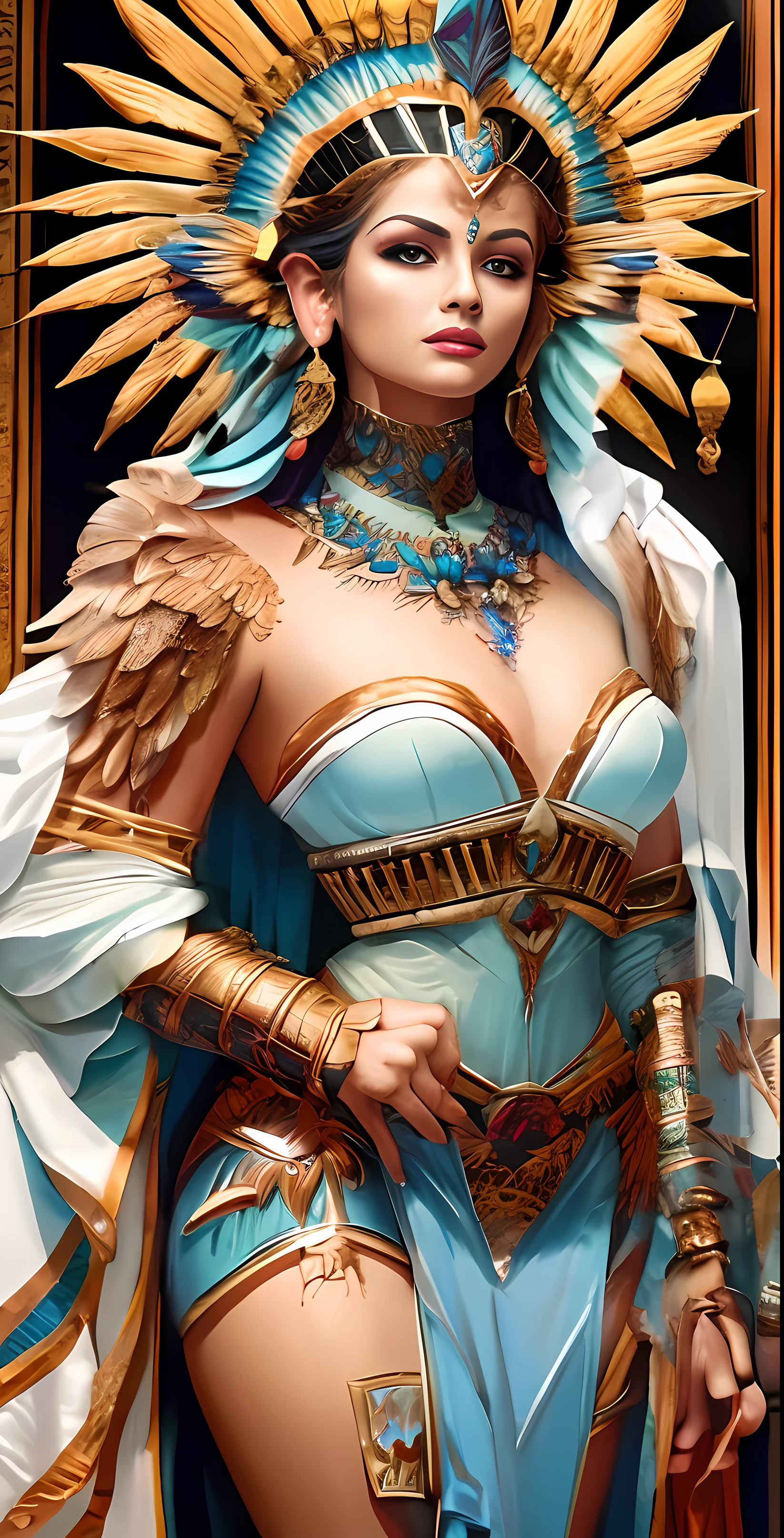 Mujer Araffe con un traje con plumas y un tocado, Diosa guerrera azteca, Retrato de la princesa azteca, Diosa del Sol Azteca, Emperatriz azteca, cinematic goddess close shot, Hermosa diosa, cinematic goddess shot, Reina azteca, Diosa antigua, epic 3 d yemaya, diosa. Detalle extremadamente alto, Foto extremadamente detallada de la diosa, Un impresionante retrato de una diosa