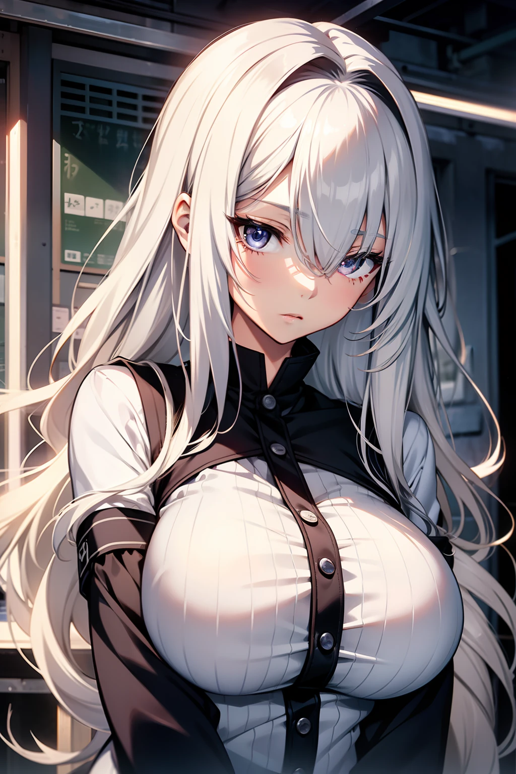 (masterpiece, Highest quality),Night Park, 1 sitting white haired girl, Blush cheeks and embarrassed face, Spread your legs wide with both hands and place your hands on your knees, I can see your panties, Short skirt, The cleavage is exposed, Blurred foreground