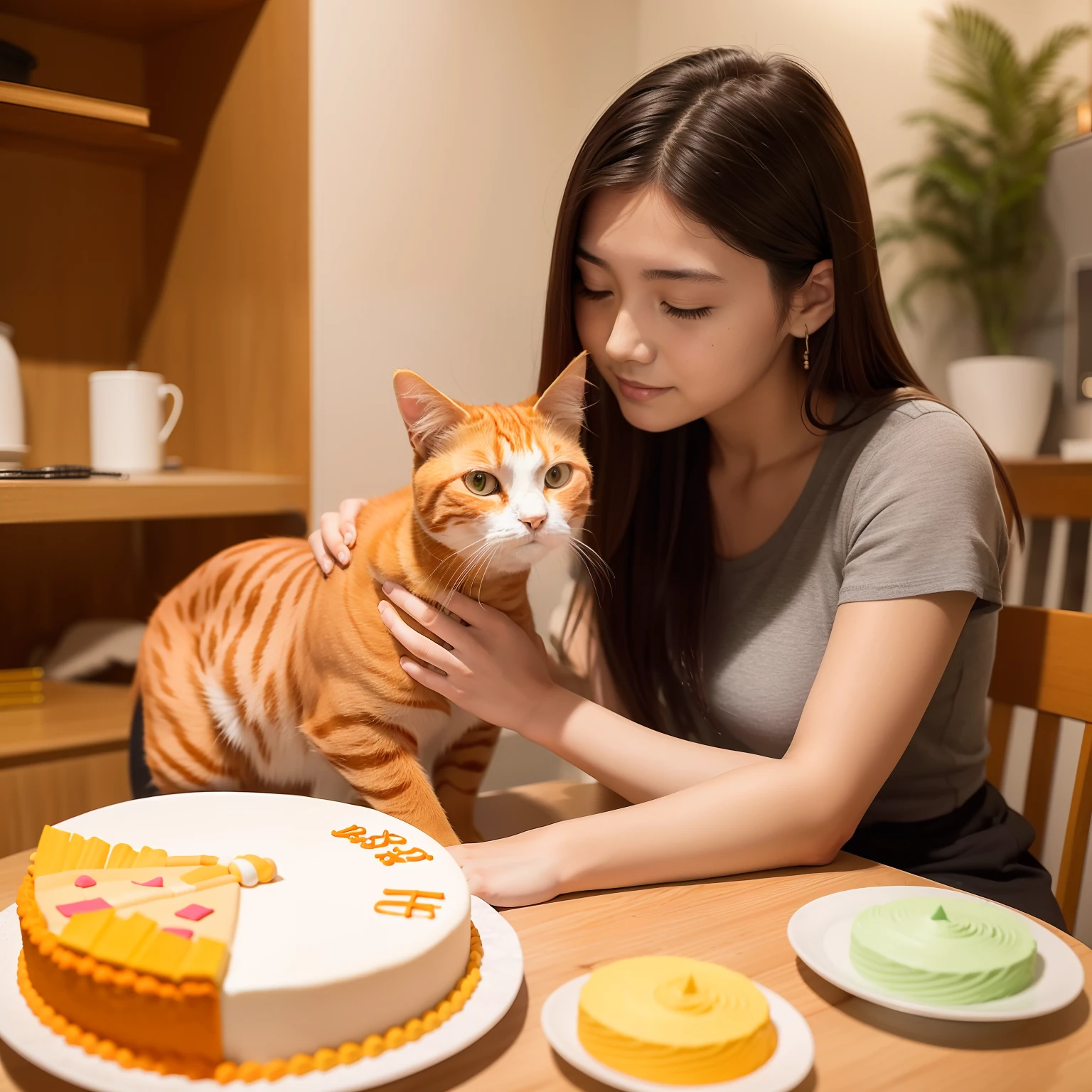 qualidade de obra-prima，8K分辨率，A 20 year old girl and an orange cat，On a birthday，Birthday cake on the table