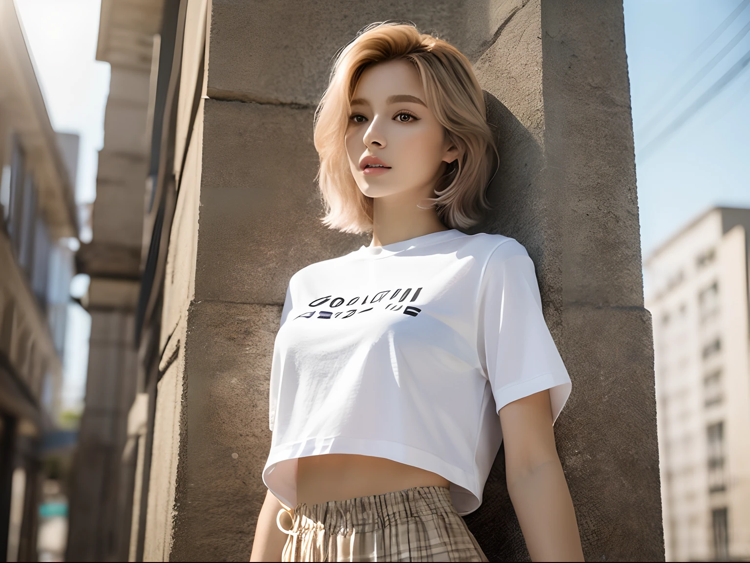 (8k、top-quality、​masterpiece:1.2)、(hair_style)、(realisitic、Photorealsitic:1.37)、Plump eyes、top-quality、​masterpiece、In the summer sunshine、Beauty salon background、、[small tits]、[smallunderboob]、back lighting、Shot from the waist up、Camera angle from below、Pose with hands raking up hair、Shot in natural light from morning to noon、Hairstyles and fashion styles that fit Korean trends in 2023、realisitic、super detailing、age 30s、女優、Korea person、Elaborate CG、A slender、adolable、The hairstyle is a layer cut that matches the Korean fashion of 2023 and flutters in the wind、Delicate skin type、Fine detail and softness、The model's hair color is bright and soft、 Short T-shirts that fit the summer trends of 2023