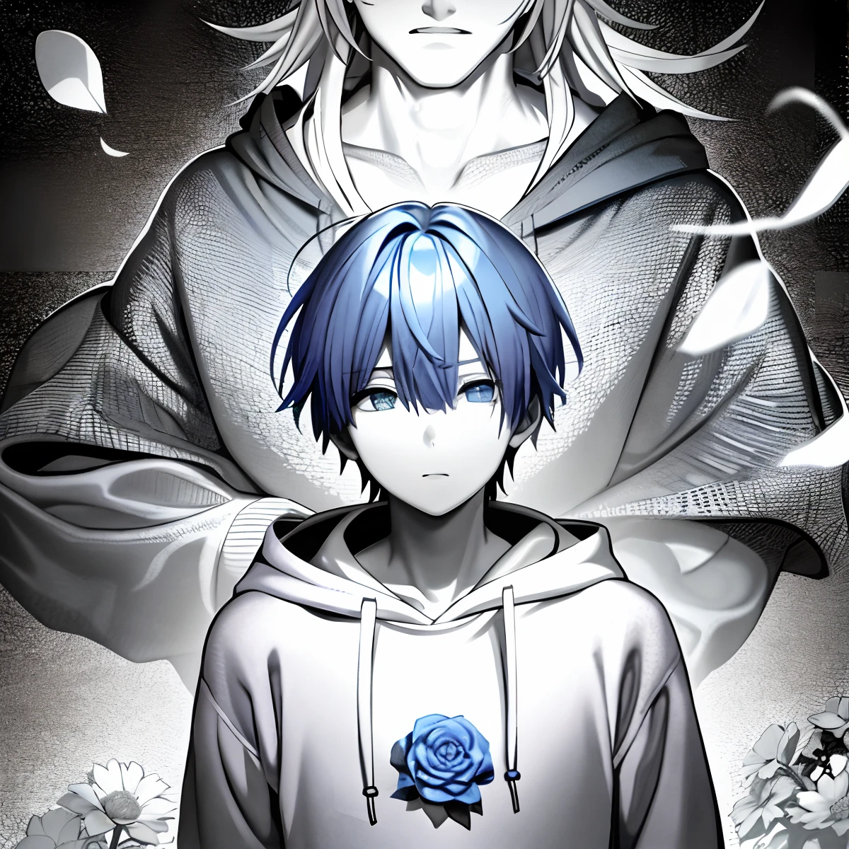 anime big breast, Boy, Blue, Flowers, Hoodie, Hoodie, Hoodie, Hoodie, Hoodie, Hoodie, Hoodie, Hoodie,, wearing a hoodie and flowers, author:Kikukawa Sakaeyama, picking up a flower, this is beautiful, the flower prince, holding magic flowers, from kenshin, eyeless, emotional picture, Holding a flower, Holding flowers,ultra-realistic realism,Aesthetic