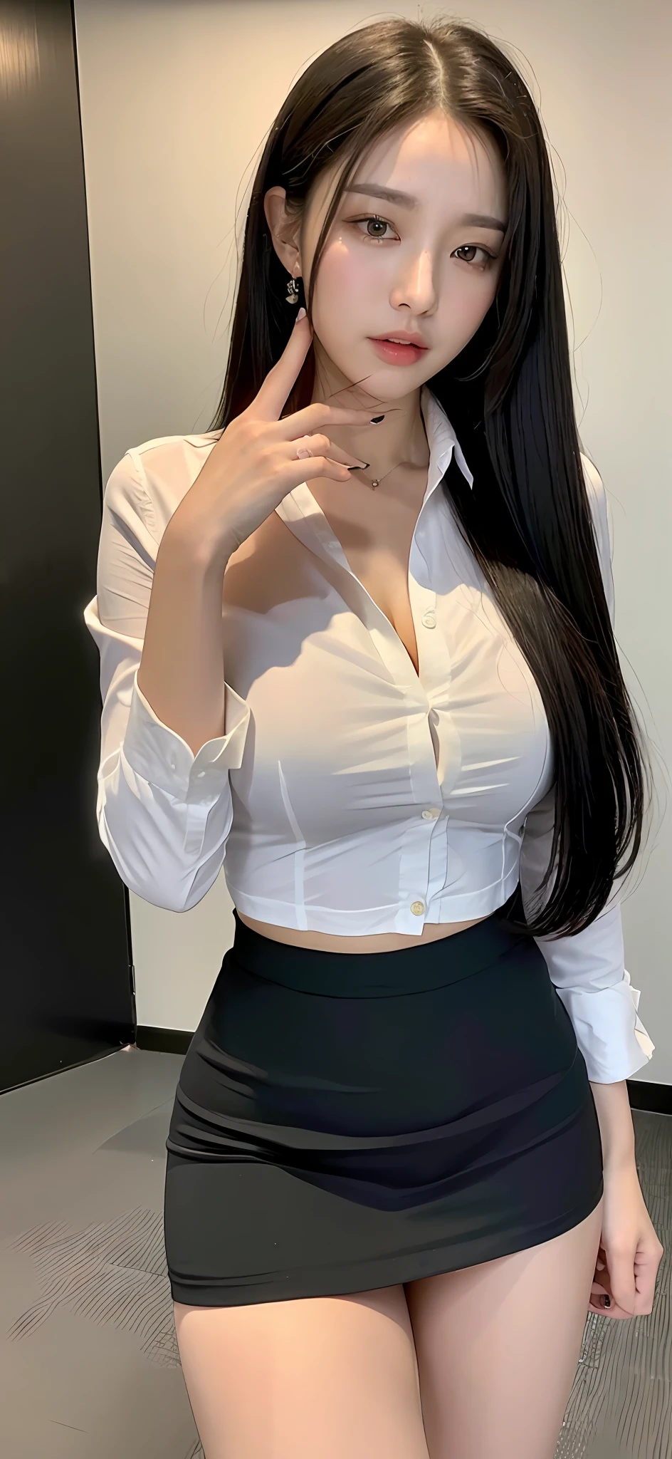 (Best Quality, 8K, Masterpiece, Ultra HD: 1.3), (K-Pop Idol: 1.6), 1 Pretty Girl, (Big: 1.2), (Long Hair), Abs, Perfect Figure, Ultra Fine Face, Delicate Lips, Beautiful Eyes, Double Eyelids, fine hands, Super fine finger, office wear, White Tight Shirt, Short skirt (Sultry) ((Aroused: 1.5)), Detailed , open shirt , luxury hotel five star,