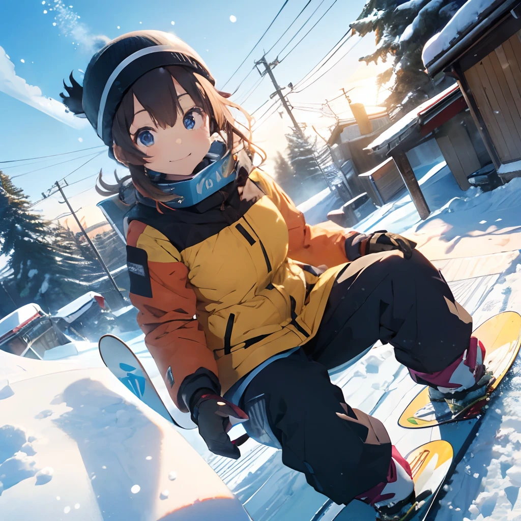 masutepiece, Best Quality, 8K_Wallpaper, (Beautiful eyes), ((There is a lift on the left)), Cute, (Yellow Wear、Outerwear is blue、Red pants),1girl in,small tits,1 girl、Smile,()、(((There is snow piled up higher than the head)))、Ski resort on a sunny day、snow board、(((A girl is snowboarding down a slope)))(((Wear a snowboard)))、