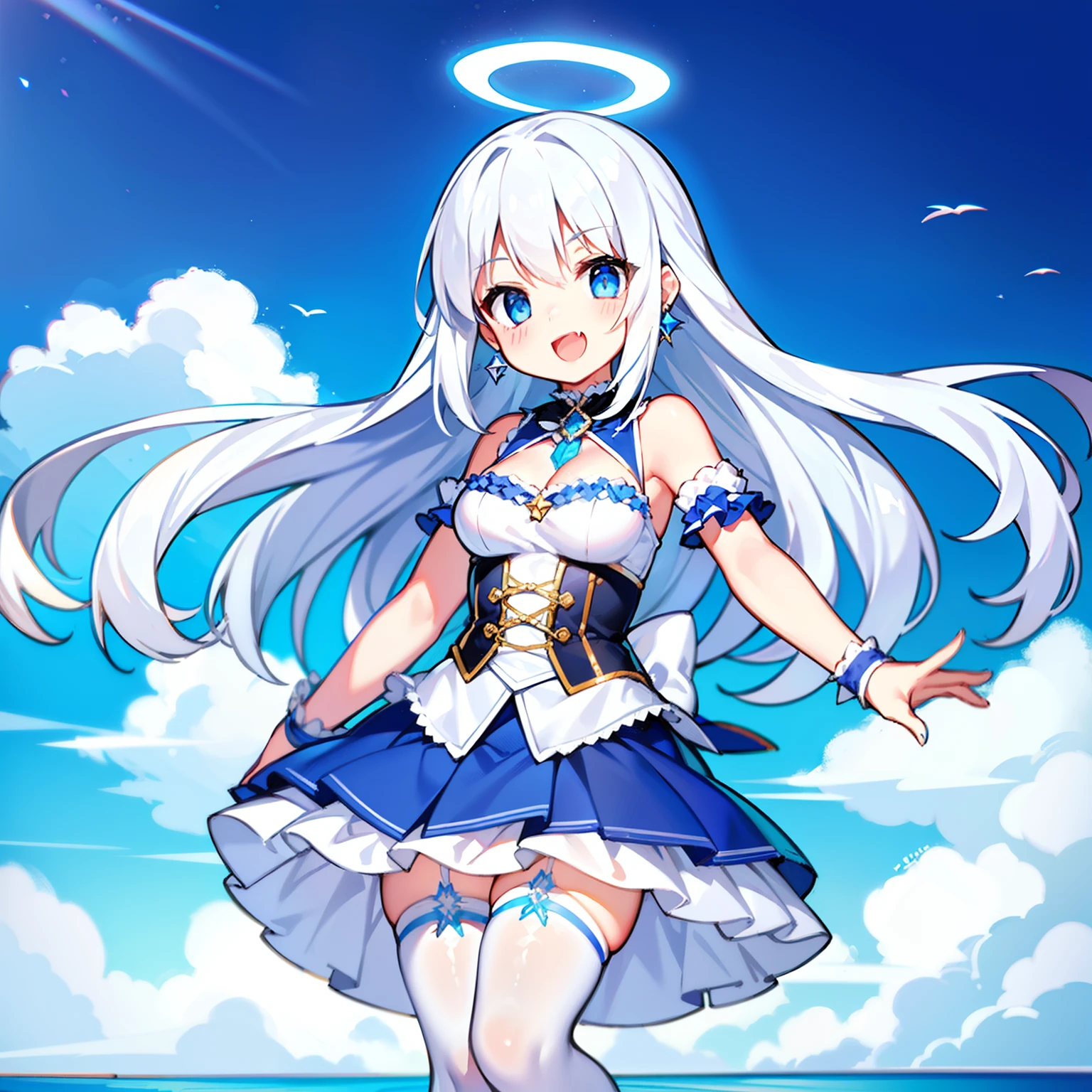 chies，Blue sky，Girl with white hair，1 girl，white clothe，blue color eyes，There is a blue angel halo on the head，Nike shoes，Pinch the waist with your left hand，In his right hand, He held a blue and silver holy sword，Lori huge breasts cleavage，tmasterpiece，Need，flatchest，ssmile，White wings，16-year-old girl，Six-star earrings，the ocean，Fang，hyper HD，looking at viewert，No chest，high quality，long  skirt，white stockings