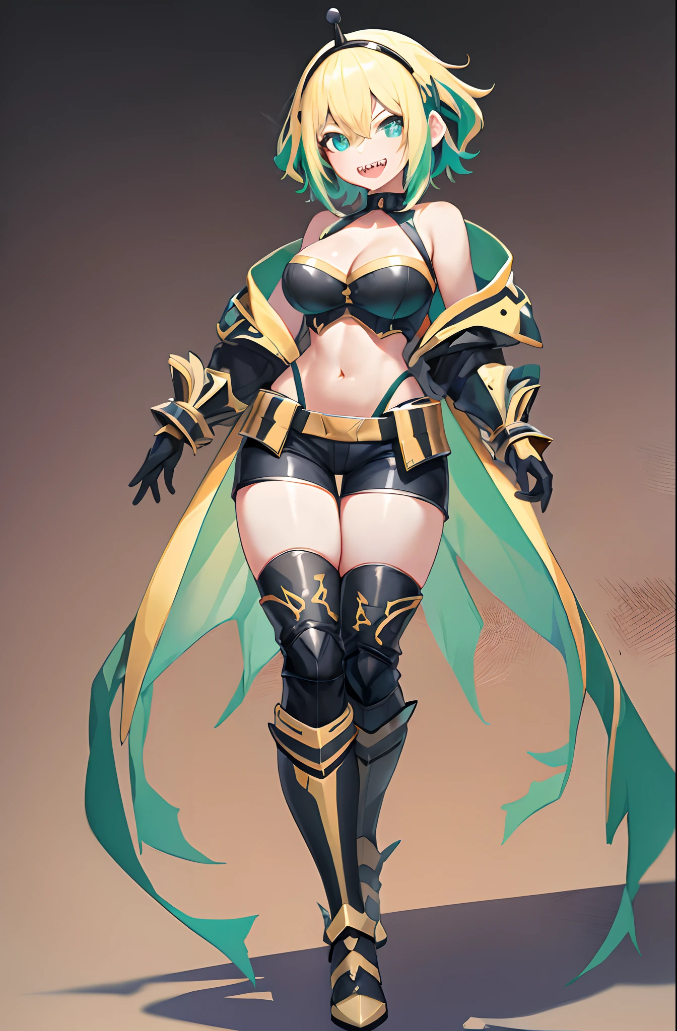 amano pikamee, 1girl, virtual youtuber, solo, sharp teeth, teeth, blonde hair, multicolored hair, hairband,t, two-tone hair, bright pupils, white pupils, breasts, gradient, collarbone, bangs, yellow background, bare shoulders, gradient background, green eyes, black shorts, hair between eyes, green hair, cleavage, short hair,(icone de um jogo), (icone de peitoral : 1.5), um peitoral , peitoral marrom, chest plate, peitoral pesada marrom, peitoral grosso, peitoral de Armadura intrincada, peitoral de armadura de fantasia pesada, peitoral detalhado, armadura ornamentada, peitoral de Armadura Paladina, peitoral dearmadura de batalha, intrincada peitoral, full body walking