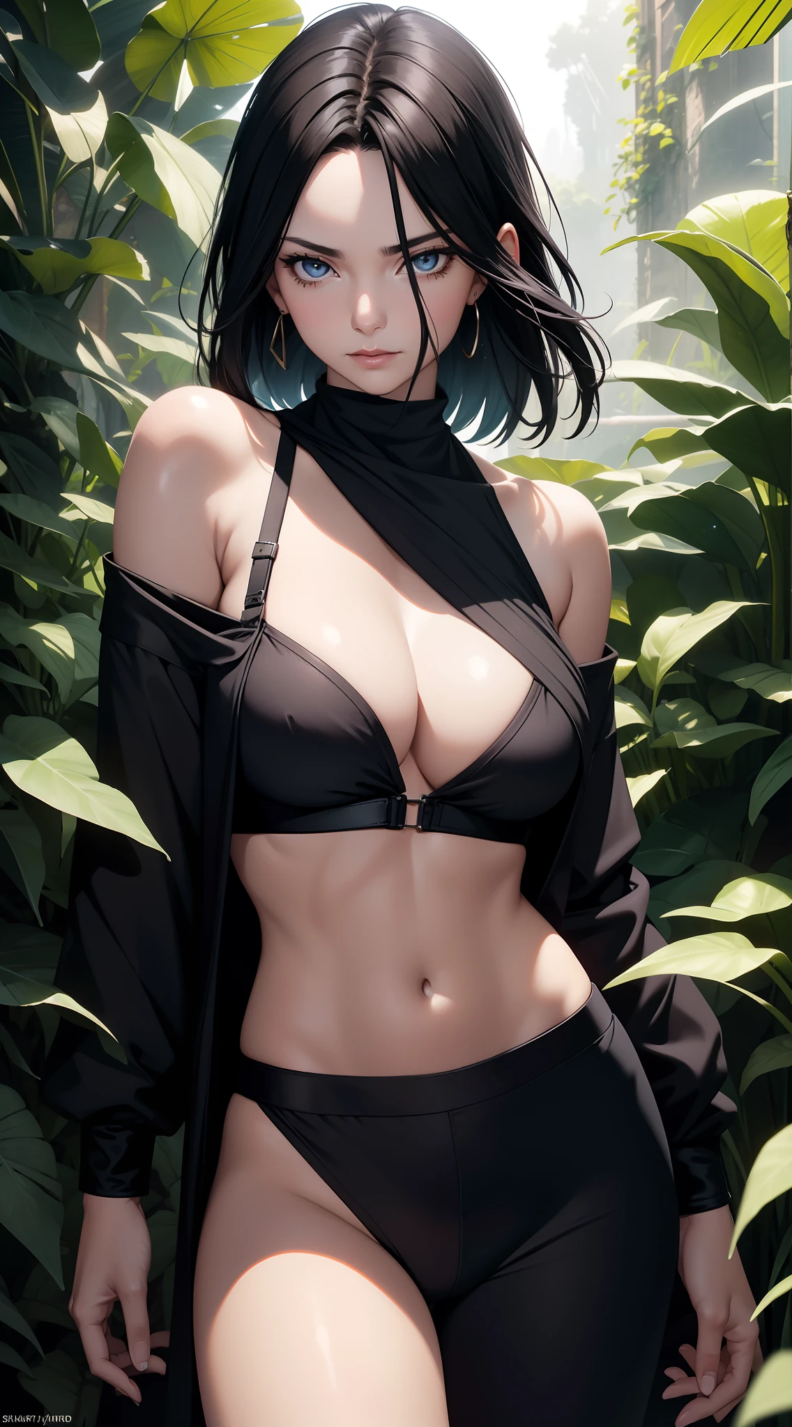 tmasterpiece, Johnny Depp walks through the jungle at night in a firefly, (high detal:1 1), Rough face, cleavage,black long pants,Black Panther,Off-the-shoulder attire,Large breasts,Natural skin, high qulity, NSFW, beautidful eyes, (Detailed face and eyes), (the face: 1 2), noises,Extra, real photograph, ....PSD, Lamp film photography, sharp fokus, contrasty lighting, Delicate skin, High resolution 8K, insanely details, realisticlying, professional photoshooting, 8K UHD, SLR camera, softlighting, high high quality, filmgrain, Fujifilm XT3