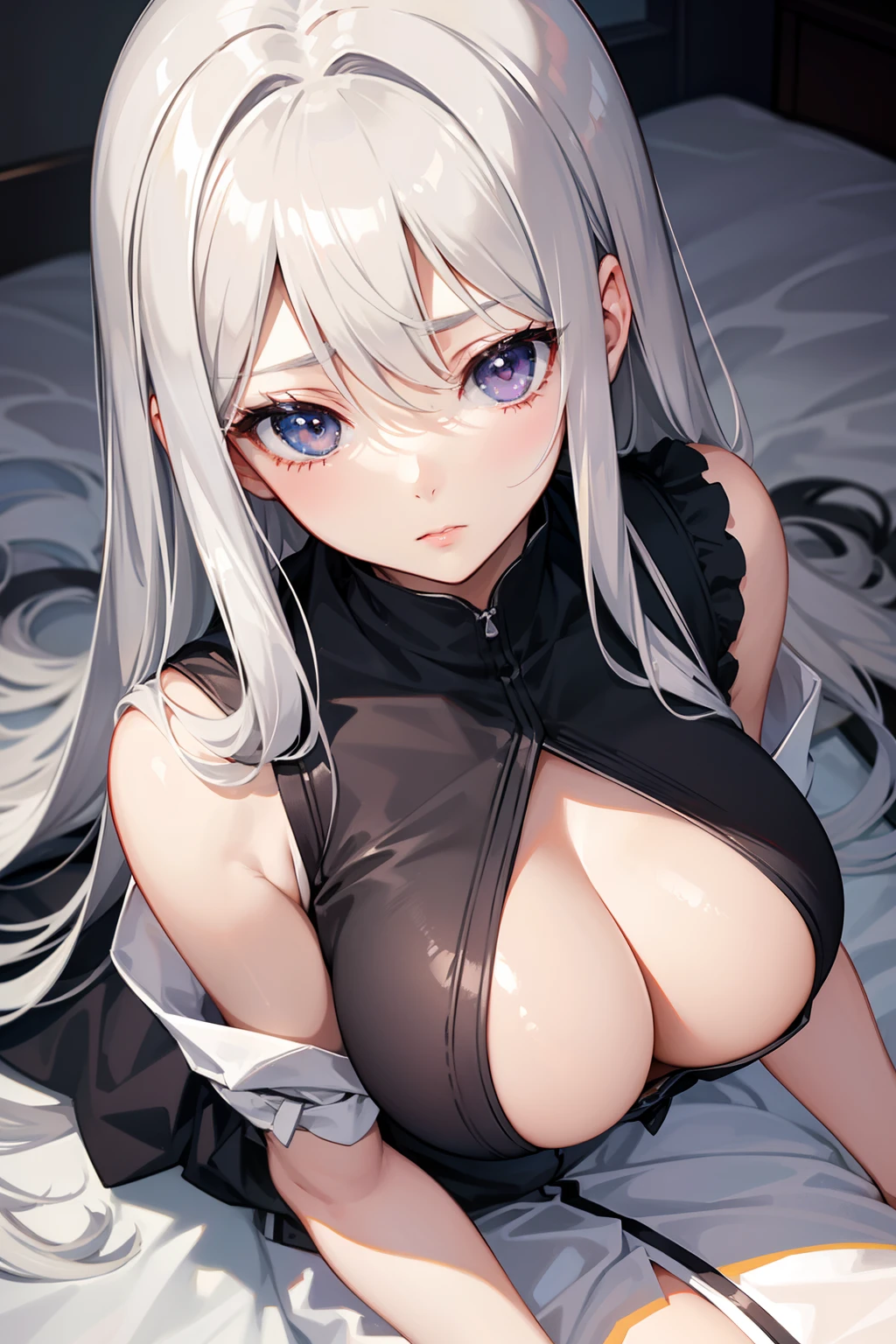 a beauty girl,Silver hair,long、Slender eyes,slightly larger breasts,Manga style,fulcolor,hi-school girl,sleepy expression、skin whitening,light skinned