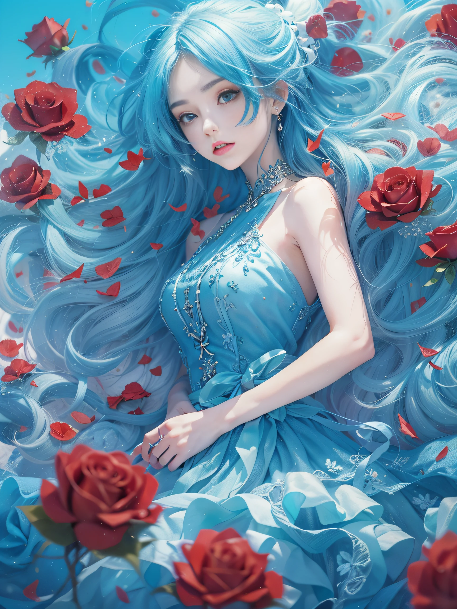 Wearing a red dress《One Piece》Princess Vivi is surrounded by roses, Straight straight aqua blue hair combed into a ponytail,No bangs,In a blue dream, On blue background, rich blue colors, vibrant blue color, Extremely colorful,blue tint, Blue mood in background, Falling blue rose petals, Woman in white dress, Hot body,blue colors, white colors, Blue atmosphere, Blue theme, beautiful gorgeous digital art, Blue-white tones