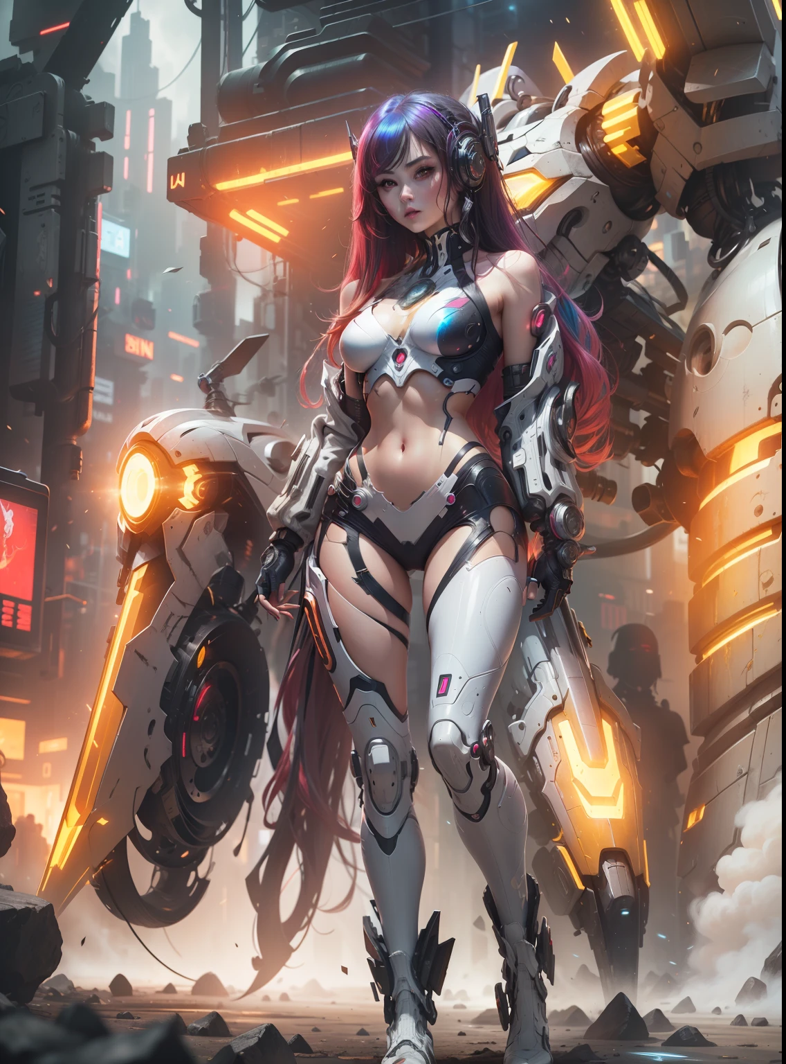 Masterpiece, Best Quality, Girls , Slender, red Eyes, Hair Color, Iridescent, mech body, Long Hair Spreading, cyberpunk guns White Skin, Medium, Cute, Sexy, Bikini, Exposed Skin, Night, Psychedelic, Trip, Extreme Color, Paisley Theme, Legs, , Full Body