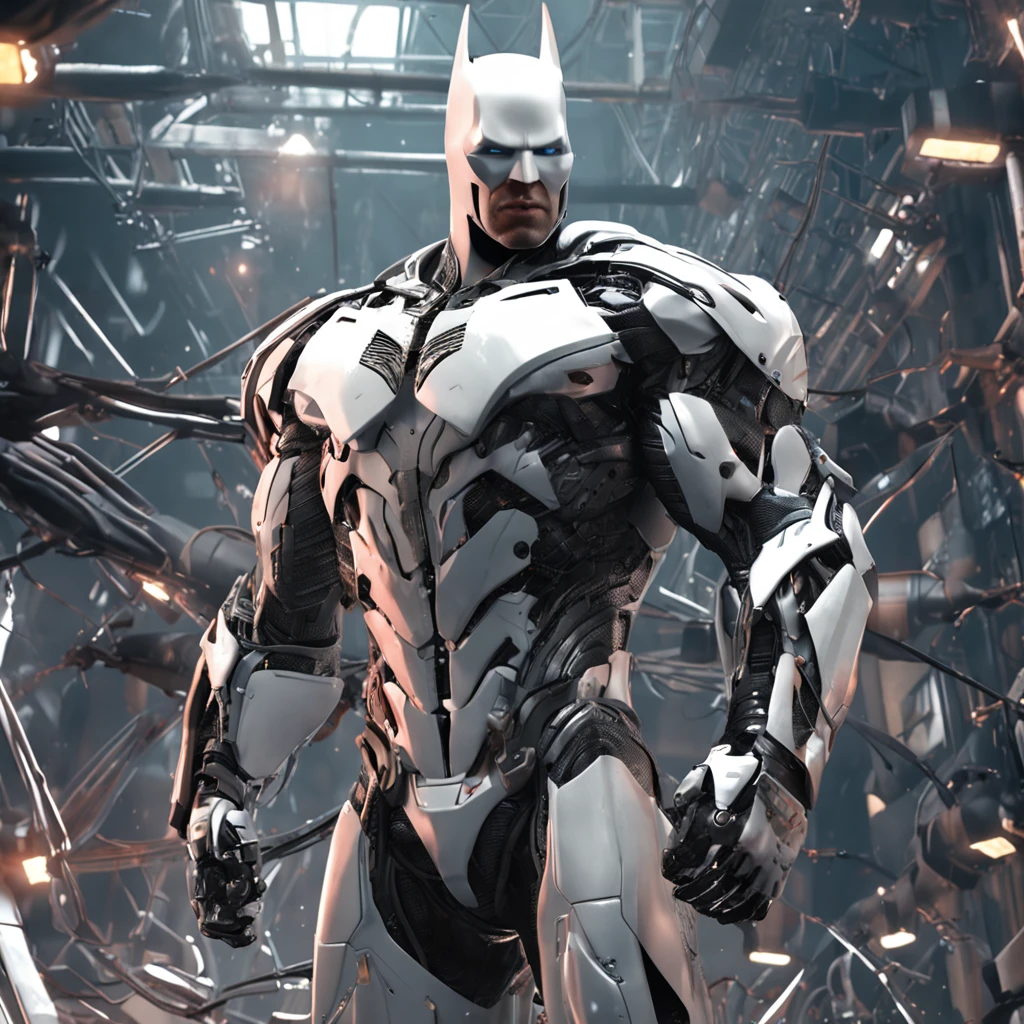 A realistic white batman in a titanium cybernetic suit, detalhado, designe perfeito, alta qualidade arestas perfeitas e simetricas  ::n_desenho de estilo, Low-quality imperfection, boneco, jogo, anime