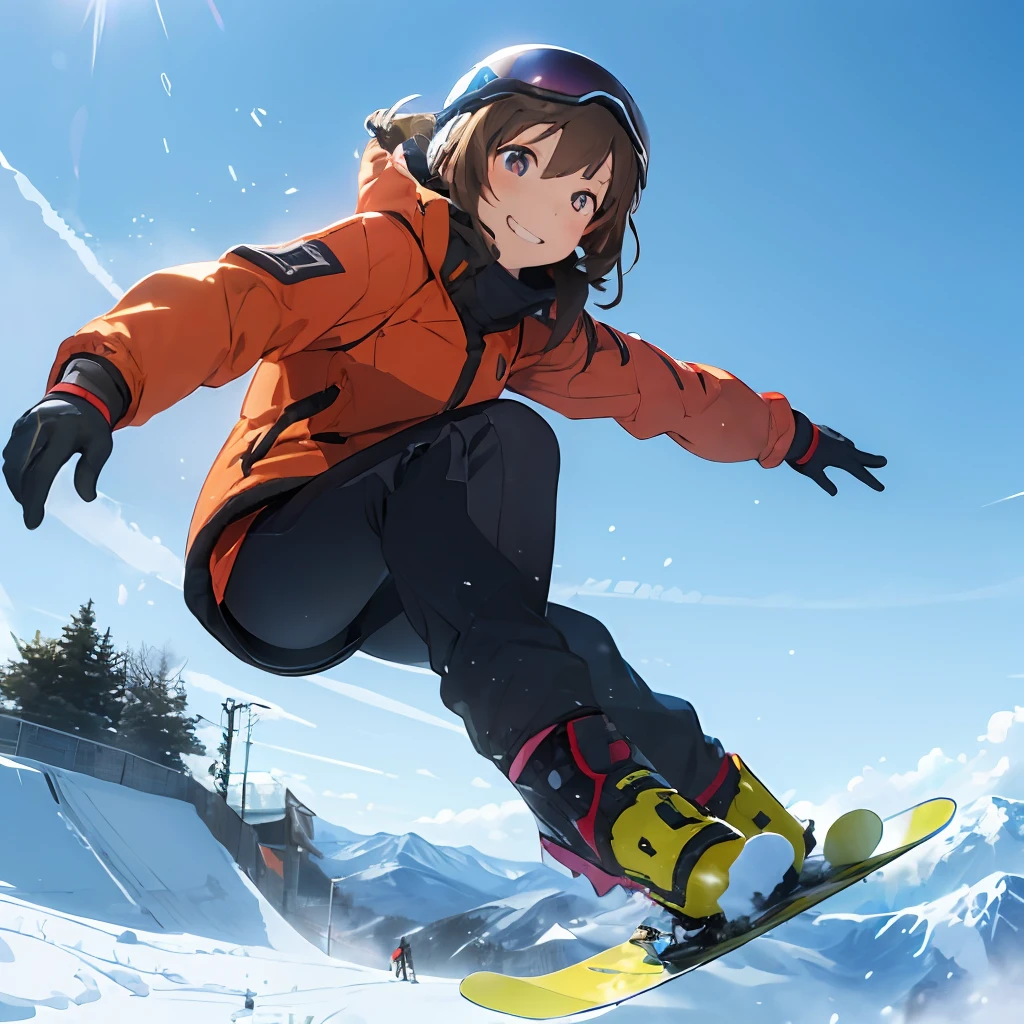 masutepiece, Best Quality, 8K_Wallpaper, (Beautiful eyes), ((There is an elevator on the left)), Cute, (Yellow Wear、Outerwear is blue、Red pants),1girl in,small tits,1 schoolgirl、Smile,()、(((You're on a mountain top piled higher than your head)))、Ski resort on a sunny day、snow board、(((A girl is snowboarding down a slope)))(((Wear a snowboard)))、