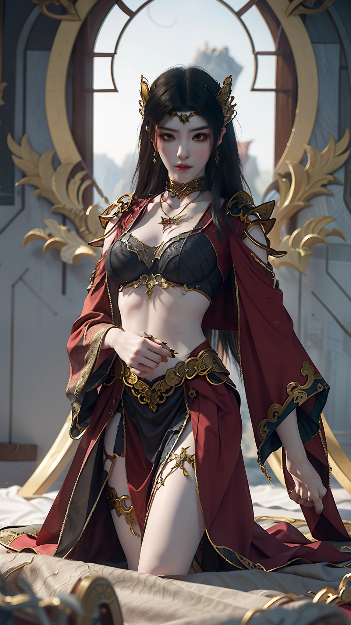 Kneel on the blanket, concept-art：Hero, Trend of CGsociety, Fantasy art, Guviz-style artwork, Guviz, Smooth anime CG art, Keqing from Genshin Impact, Ruan Jia and Artgerm, full-body xianxia, A flowing translucent magic robe