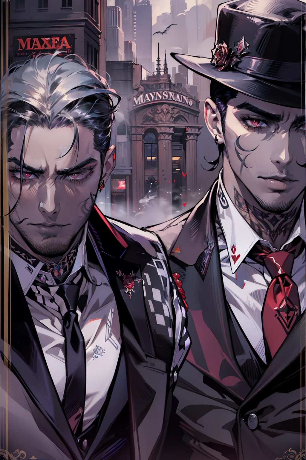 Mafia Noir Casino Gambling Bar Vampire dominant alpha gay couple macho sexy handsome demon old men with tattoos big chest big abs slicked back hairstyle smoking red eyes charisma goth ((perfect face structure)) detailed stylized ((handsome male couple)) ((men kissing)) ((perfect eyes))