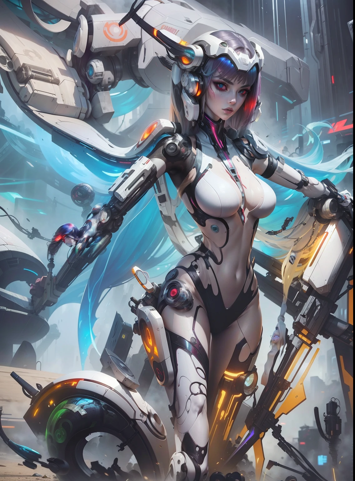 Masterpiece, Best Quality, Girls, Slender, Red Eyes, Hair Color, Iridescent, Long Hair Spreading,Cyberpunk, White Skin, ghost in the shell style, Medium, Cute, Sexy, Near Future, Bikini, Exposed Skin, Night, Psychedelic, Trip, Extreme Color, Paisley Theme, Open Legs, Mechanical Left Arm, Full Body