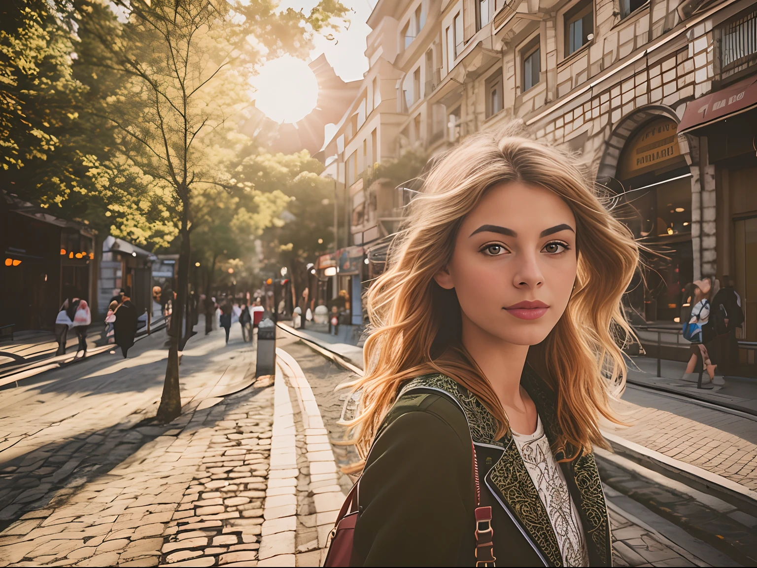 Belgrade,A close-up photo of a woman, intricately details,Fine details,Hyper-detailing,Scattering,diffused soft lighting, Polaroid style,5D happy modern city street with clear sky,Sun,Clean air,green color,harmony architecture,Pleasing to the eye,Immerse yourself in the natural landscape,