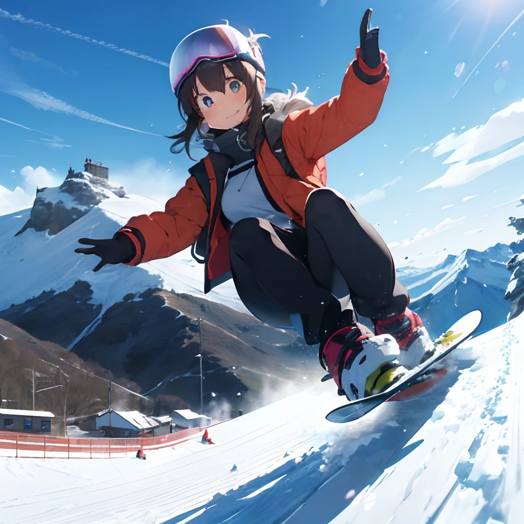 masutepiece, Best Quality, 8K_Wallpaper, (Beautiful eyes), ((There is an elevator on the left)), Cute, (Yellow Wear、Outerwear is blue、Red pants),1girl in,small tits,1 schoolgirl、Smile,()、(((You're on a mountain top piled higher than your head)))、Ski resort on a sunny day、snow board、(((A girl is snowboarding down a slope)))(((Wear a snowboard)))、