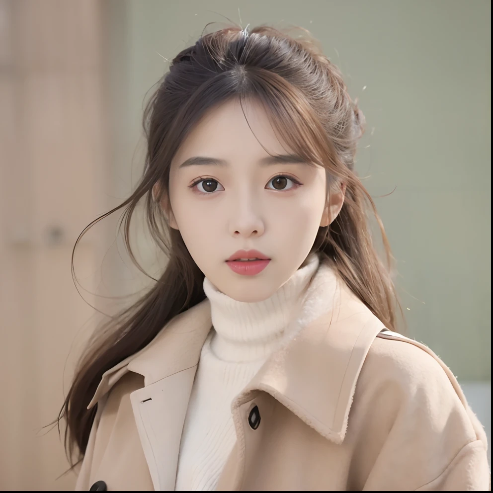 Front face,Alafed woman with beige coat and white turtleneck ponytail, Young adorable Korean face, Beautiful young Korean woman, Gorgeous young Korean woman, the face of a beautiful Japanese girl, korean face features, Young beautiful asian face, beautiful Korean women, soft portrait shot 8 k, Beautiful delicate face, detailed face of a asian girl, Korean Girl,