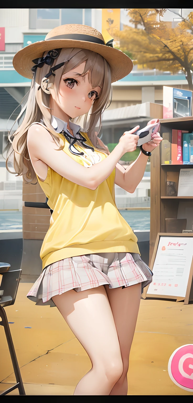 Woman in yellow shirt and hat holding mobile phone, wearing honey - themed miniskirt, sakimichan, Anime girl cosplay, a hyperrealistic schoolgirl, Lori, a hyperrealistic schoolgirl, Ecchi, Cute Schoolgirl, Realistic Young Gravure Idol, Kantai Collection Style, small curvy ****, sakimichan hdri