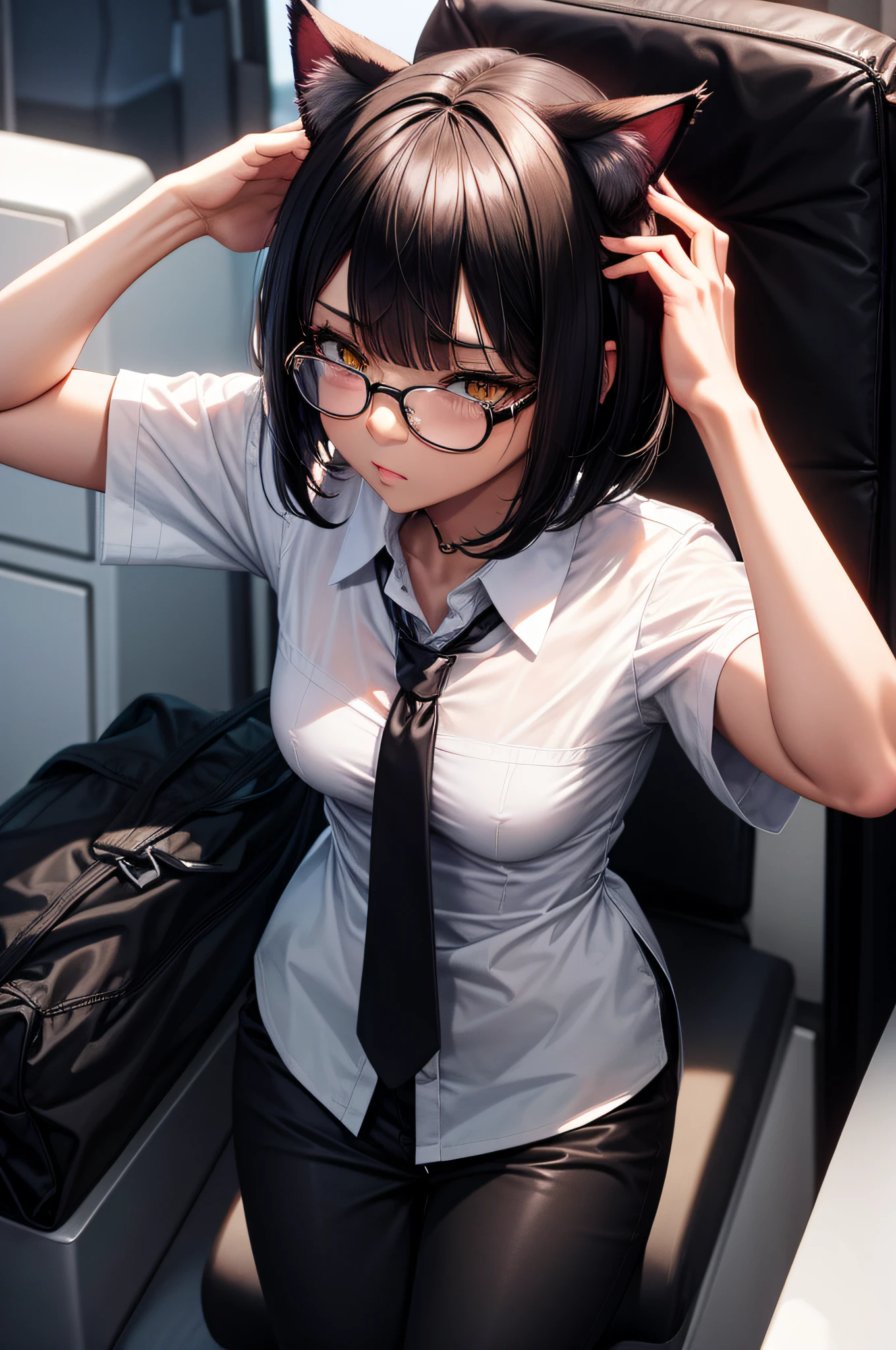1girl, short black bob hair, yellow eyes, Round glasses, dark skin, petite body, wearing plain white formal work shirt, wearing long black pants, airplane, business tie, absurdres, high res, ultrasharp, 8k, masterpiece, looking at viewer, cat ears, airline pilot uniform, airline pilot hat, white background, short sleeve, airport, airplane, bangs, flat chest, whiskers, androgynous, long nails, sleeping, chair