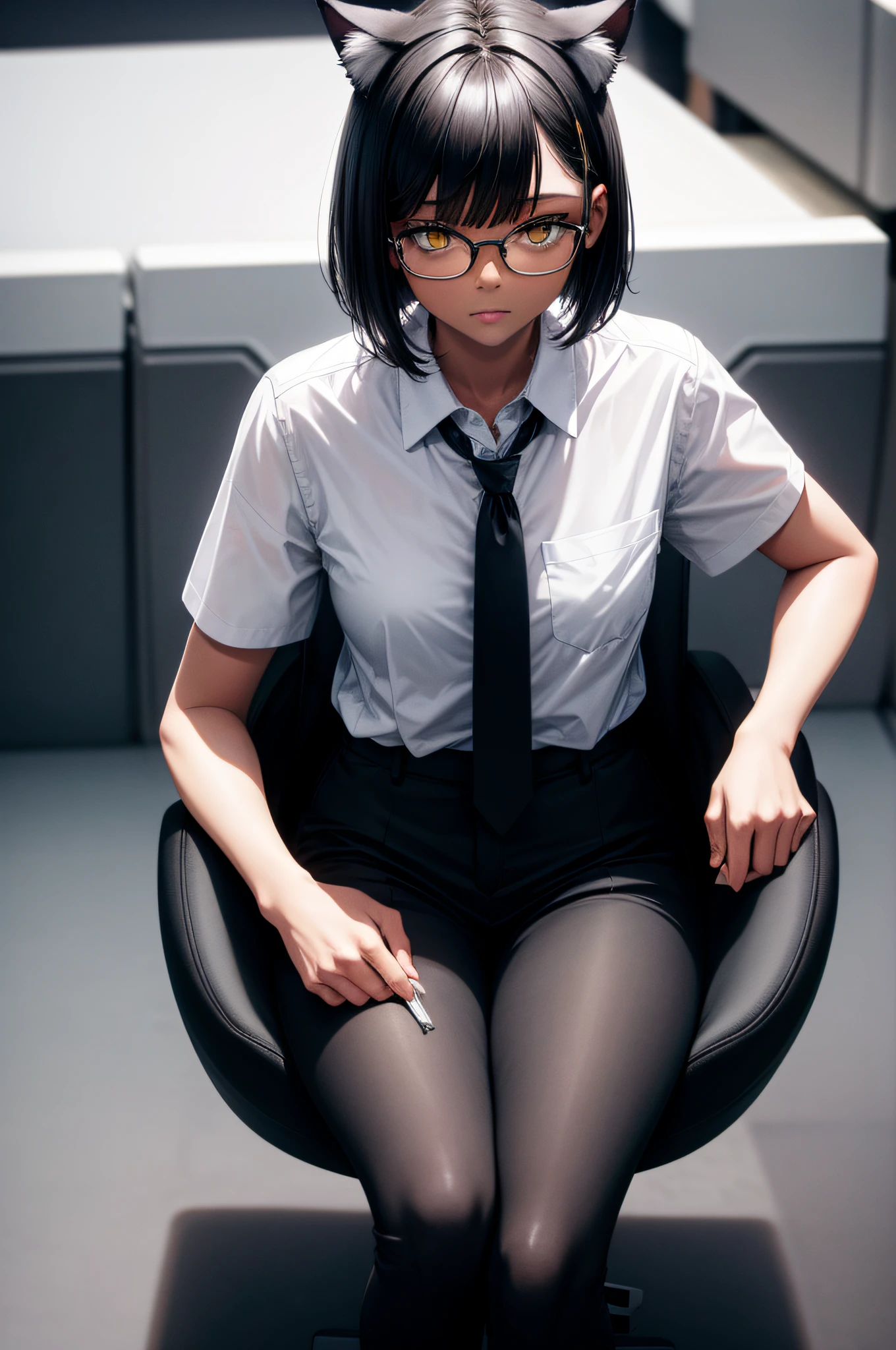 kate, Short black hair with blue highlights, gazing at viewer, blue colored eyes, perfectbody, (( round glasses, white leather jacket, white sato shoes, white skirt just above the knees )), In an office, sitting in front of a computer, drawing on , a car project