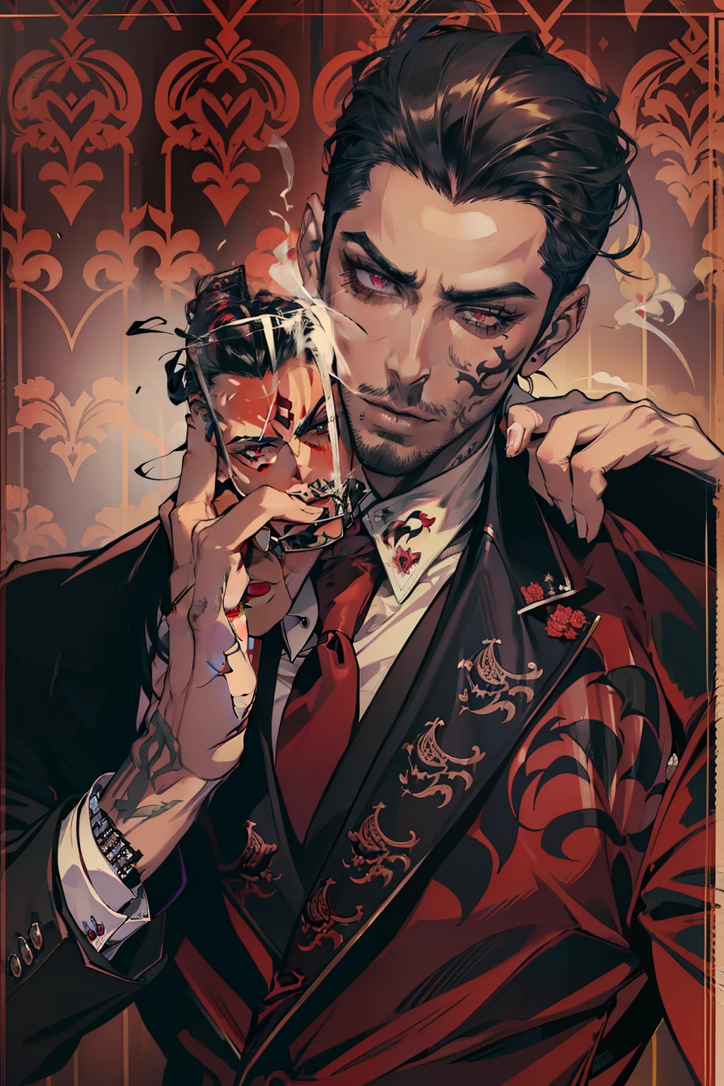 Un homme buvant un verre de vin. In the style of Adrian Ghenie, Esao Andrews, Jenny Saville, Edward Hopper, surrealism, Dark Art par James Jean, Takato Yamamoto, Minimalisme inkpunk. Tim Burton.