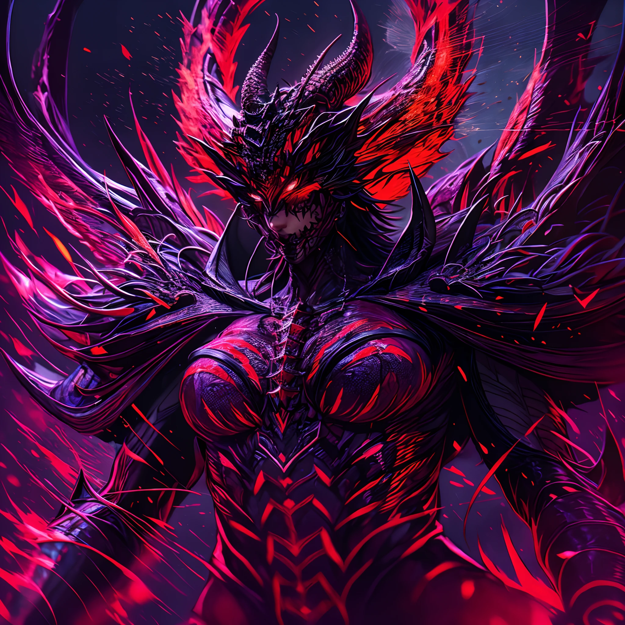 A demon with red and black wings and a red devil face, demonic dragon inspired armor, beautiful elegant demon queen, epic fantasy digital art style, epic fantasy art style, portrait of a female demon, demon armor, Dragon Queen, Demoness, dark demonic dancer, giesha demon, red demon armor, demon soul concept art, epic fantasy art style hd, cyborg dragon portrait