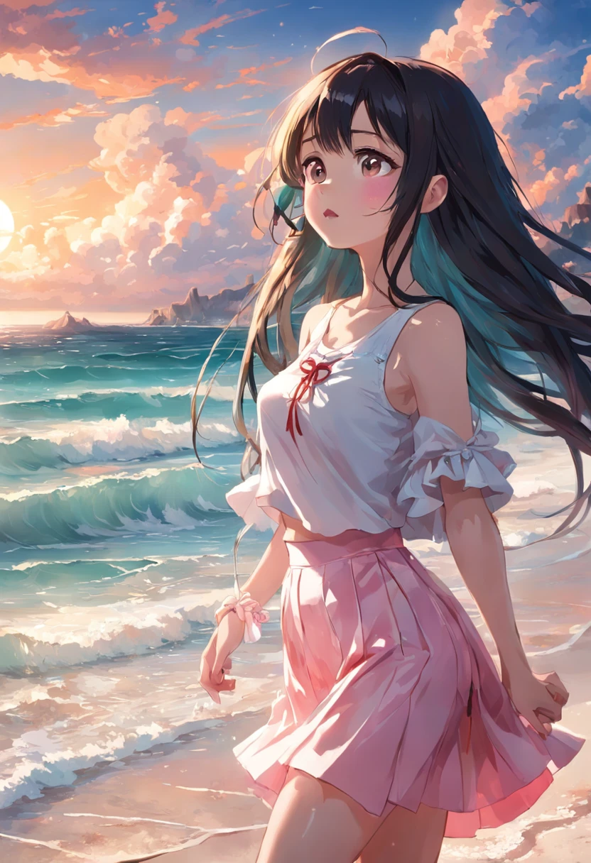 best qualtiy,tmasterpiece,超高分辨率,warm lights,The sea and the beach,1girl,Walking on the beach,White color blouse,Short pink skirt,sandals,the setting sun,cabelos preto e longos,(slim,dignified,shyexpression),Beautiful age girl,Beautiful goddess,Detailed scenes, Beautiful digital illustration, the detail,Hyper-detailed, Cinematic quality,((from below))