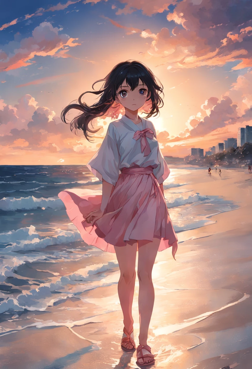 best qualtiy，tmasterpiece，超高分辨率，warm lights，The sea and the beach，1girl，Walking on the beach，White color blouse，Short pink skirt，sandals，the setting sun，cabelos preto e longos，（slim，dignified，shyexpression），Beautiful teenage girl，Beautiful goddess，Detailed scenes, Beautiful digital illustration, the detail，Hyper-detailed, Cinematic quality，((from below))