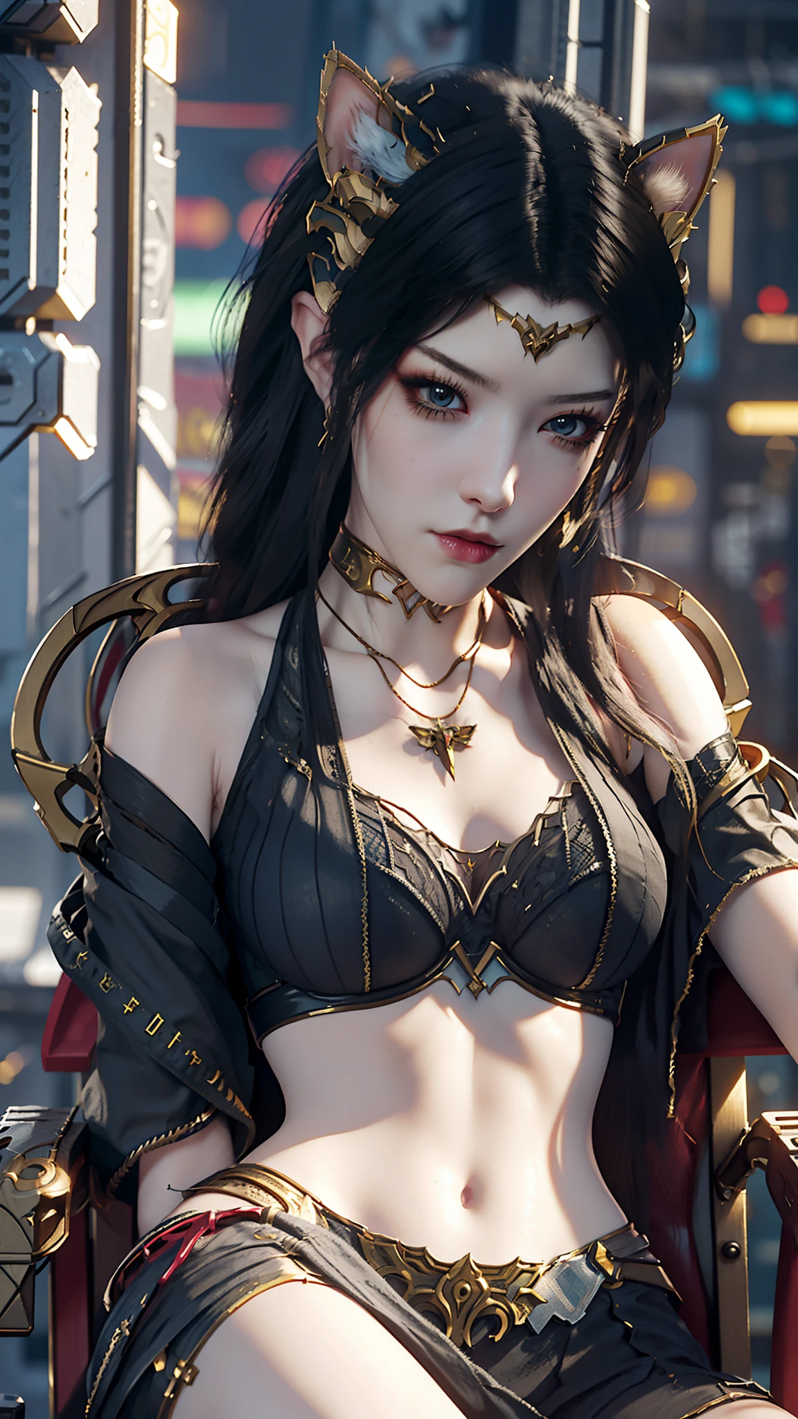 There is a woman sitting on a chair,Wearing a cat's costume, cyberpunk anime girl, female cyberpunk anime girl, cyber school girl, Cyberpunk 2 0 y. o model girl, dreamy cyberpunk girl, Digital cyberpunk anime art, muted cyberpunk style, Cyberpunk costumes, anime cyberpunk art, trending on cgstation, cyberpunk anime girl mech, cyberpunk anime art, cyberpunk femme fatale
