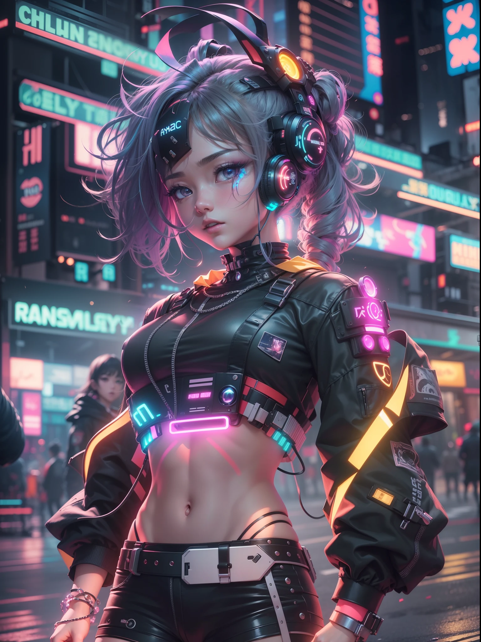 (​masterpiece、top-quality、top-quality、Official art、ighly detailed、Beautifully Aesthetic:1.2)、(1girl in)、(Fractal Art:1.3)、Random hairstyle、Random hair color colorful、FULL BODYSHOT、(CyberpunkＴThe shirt)、animesque、head-mounted displays、neon light detail、Intuitive、City of the Future、sharp、Precise focus、randome pose、cyberpunkcity、street neon lights、insta photo、photo of the year、cinema4d、Dramatic、