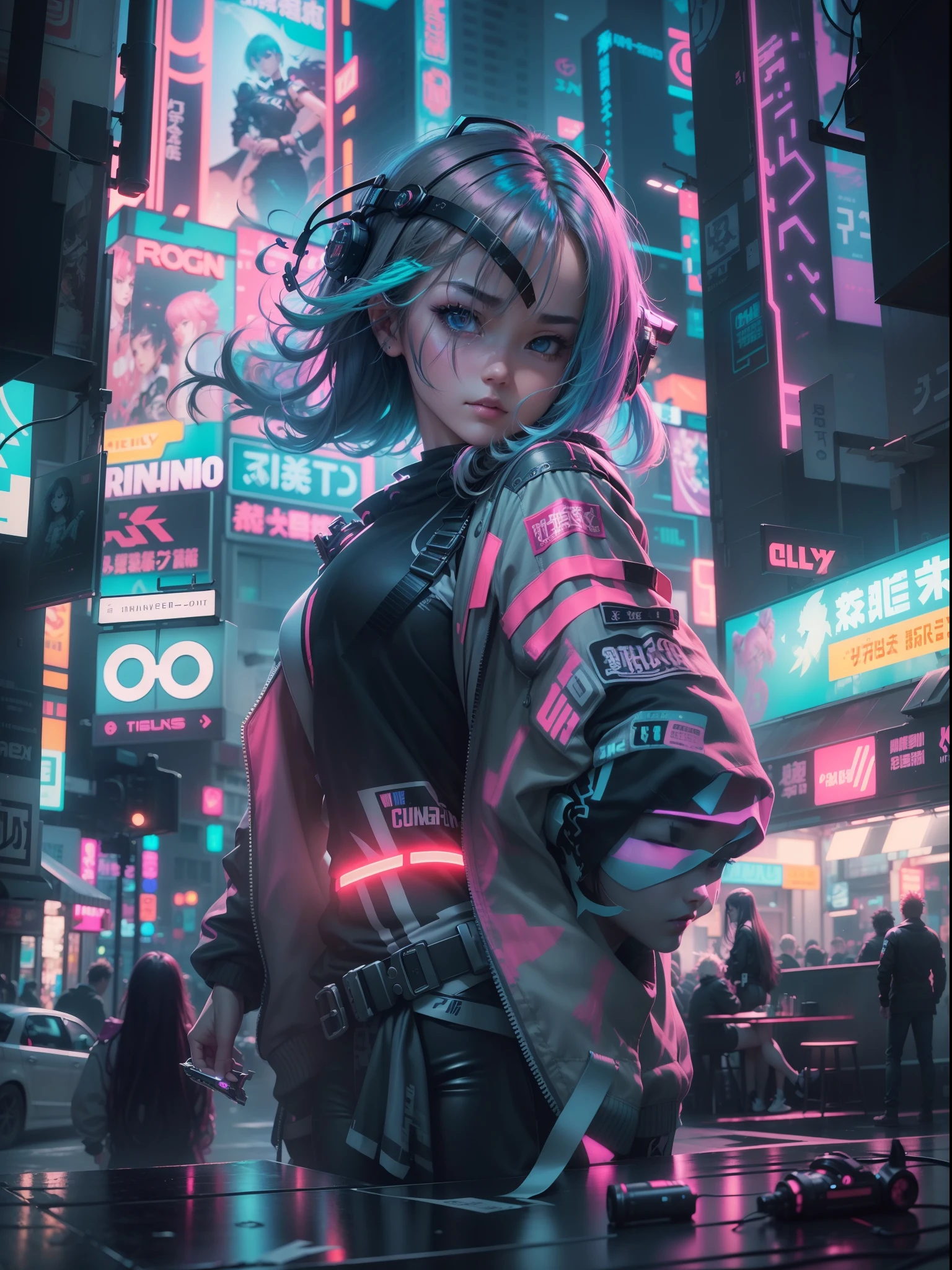 (​masterpiece、top-quality、top-quality、Official art、ighly detailed、Beautifully Aesthetic:1.2)、(1girl in)、(Fractal Art:1.3)、Random hairstyle、Random hair color colorful、FULL BODYSHOT、(CyberpunkＴThe shirt)、animesque、head-mounted displays、neon light detail、Intuitive、City of the Future、sharp、Precise focus、randome pose、cyberpunkcity、street neon lights、insta photo、photo of the year、cinema4d、Dramatic、