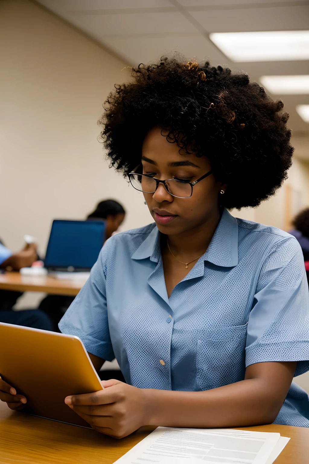 Pursuit of knowledge: A candid shot of a young Afro American woman doctor absorbed in her studies amidst the hustle and bustle of the hospital, Sony A7 III with 35mm f/1.8 lens, ambient lighting, candid photography.