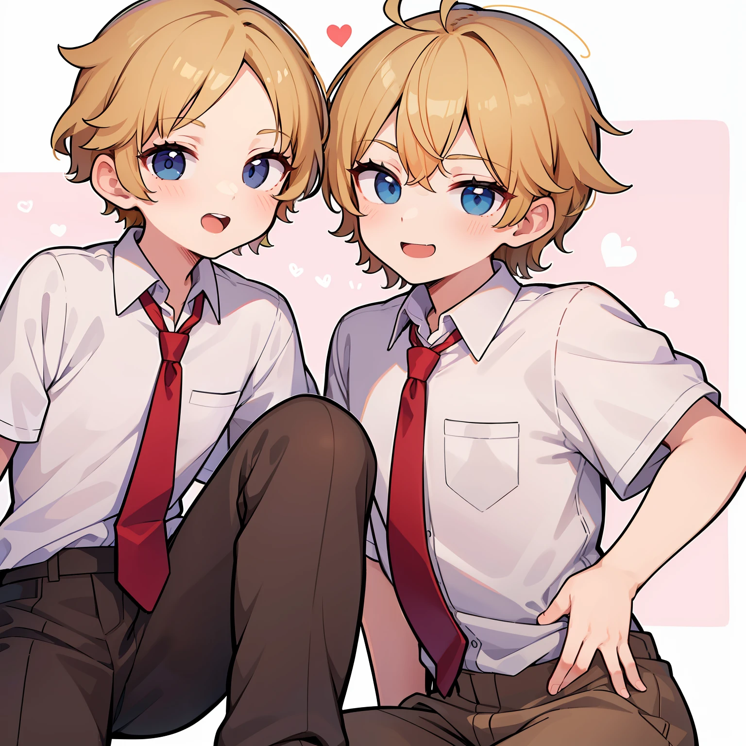 superfine illustration,Animated,1boy,man,male,lewd expression,Sexy,gay,Yaoi,School,Guy,man,Man's,Short hair,Curly hair,Parted bangs,Blonde hair,Short sleeve,half-pants,Brown pants,Smile,Blue eyes,White skin,White shirt,Red tie