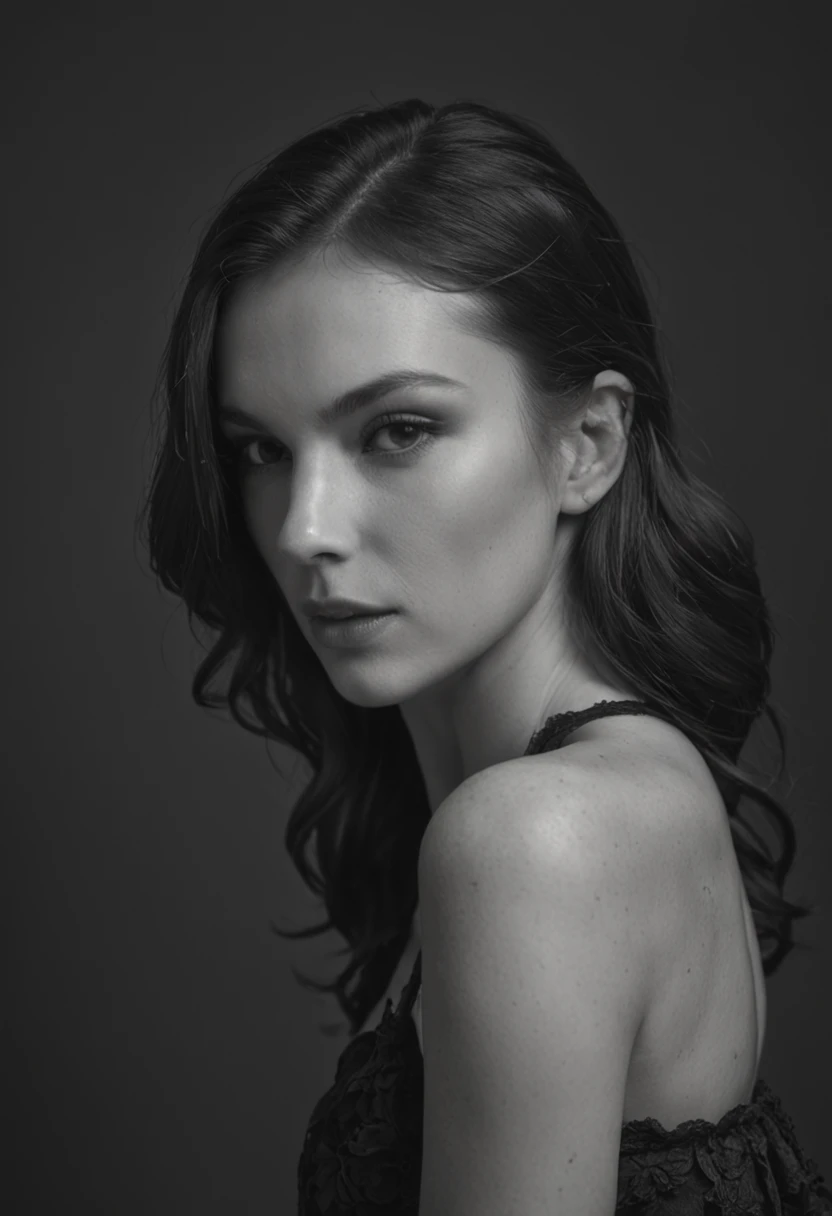 A striking black and white composition featuring a poised model in a studio setting. The model stands with confident poise, backlit by a soft glow that delineates their silhouette. The interplay of light and shadows creates an alluring atmosphere, casting dramatic contrasts that emphasize the model's contours. The background is a subtle blend of deep dark tones and faint outlines, enhancing the enigmatic ambiance.