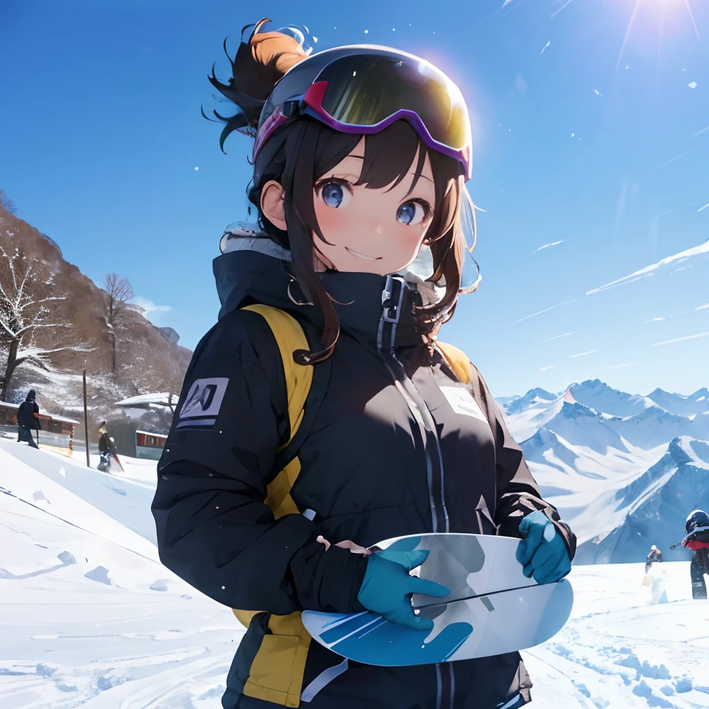 masutepiece, Best Quality, 8K_Wallpaper, (Beautiful eyes), ((There is an elevator on the left)), Cute, (Yellow Wear、Outerwear is yellow、Black pants),1girl in,small tits,1 schoolgirl、Smile,(Ski resort on a sunny day)、(((Snow piled higher than your head、You're at the top of a mountain)))、Ski resort on a sunny day、snow board、(((A girl is snowboarding down a slope)))(((Wear a snowboard)))、