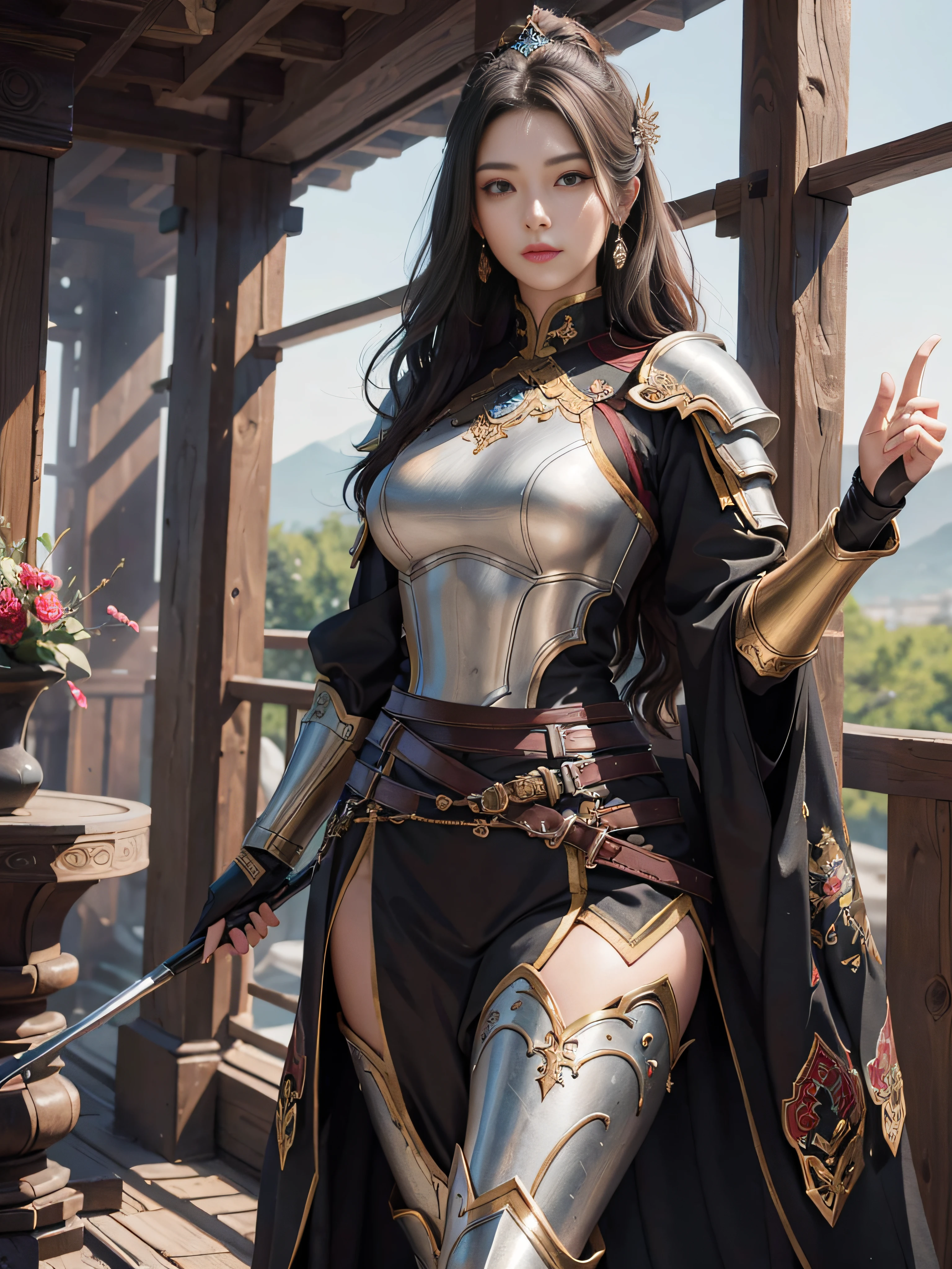 tmasterpiece,A high resolution,Absolutely beautiful,Oriental women,Eastern warriors,a mature female,,Fine and detailed eyes and detailed face,Tall and tall,She wears armour,Full coverage of the armor,Armor pants,Armor boots,Show off your armor and iron boots、、decor,Shogun, allure:(Tall:1.4),haughty,Mature temperament,(Wide buttock:1.4),(Thick thighs:1.4),Majesty,Rich scene detail,In the midst of the war,are standing,action