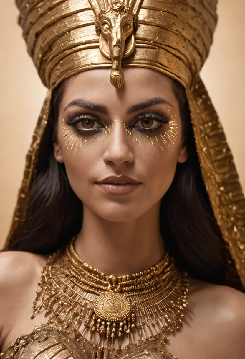 Isis: Main goddess of the Egyptian pantheon dressed in gold and golden makeup, in the style of Egyptian gods, coberto de joias de luxo, joias, luxo, Branco escuro e bronze escuro, joias de pintores e escultores, Detalhes altos, Realistic, Detalhamento ultra intrincado, 8k, Cinematic lighting, cinemactic. Image with at least 300dpi resolution