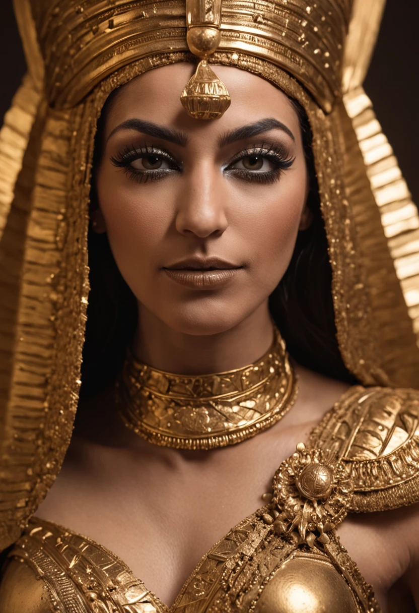 (((full body shot))), thigh gap, perfect body,（best quality，ultra - detailed，Most Best photograph，Best Shadow，masterpiece，high resolution，professionalartwork，famousartwork），(Detailed eyes)，(cleavage)，sci-fi，face markings，tattooed, (fractalized，Fractal Eyes，((Details of face)，egyptian goddess, ancient goddess, extremely high detail，Highly detailed footage of the goddess, black hair, square cut hair, fitted white dress, egyptian jewels, tanned skin, brown skin, pale eyes, shiny green eyes, large eyes, pyramid in the desert, zoomed moon above, Stone sculpture depiction of woman with moon in hair, stone bra