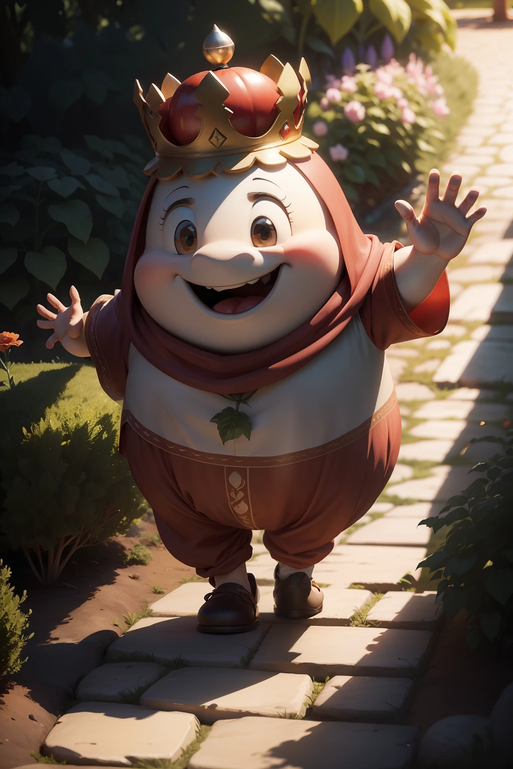 A huge and important tomato vegetable walks in the garden and smiles broadly, along a stone path with steps, waving his arms in a friendly way, a small crown on his head, Lots of detail, Disney Pixar style, realistic, cinematic, ray tracing, in the style of realistic lighting with chiaroscuro, detailed facial features , close-up, Fantasy background, light haze.