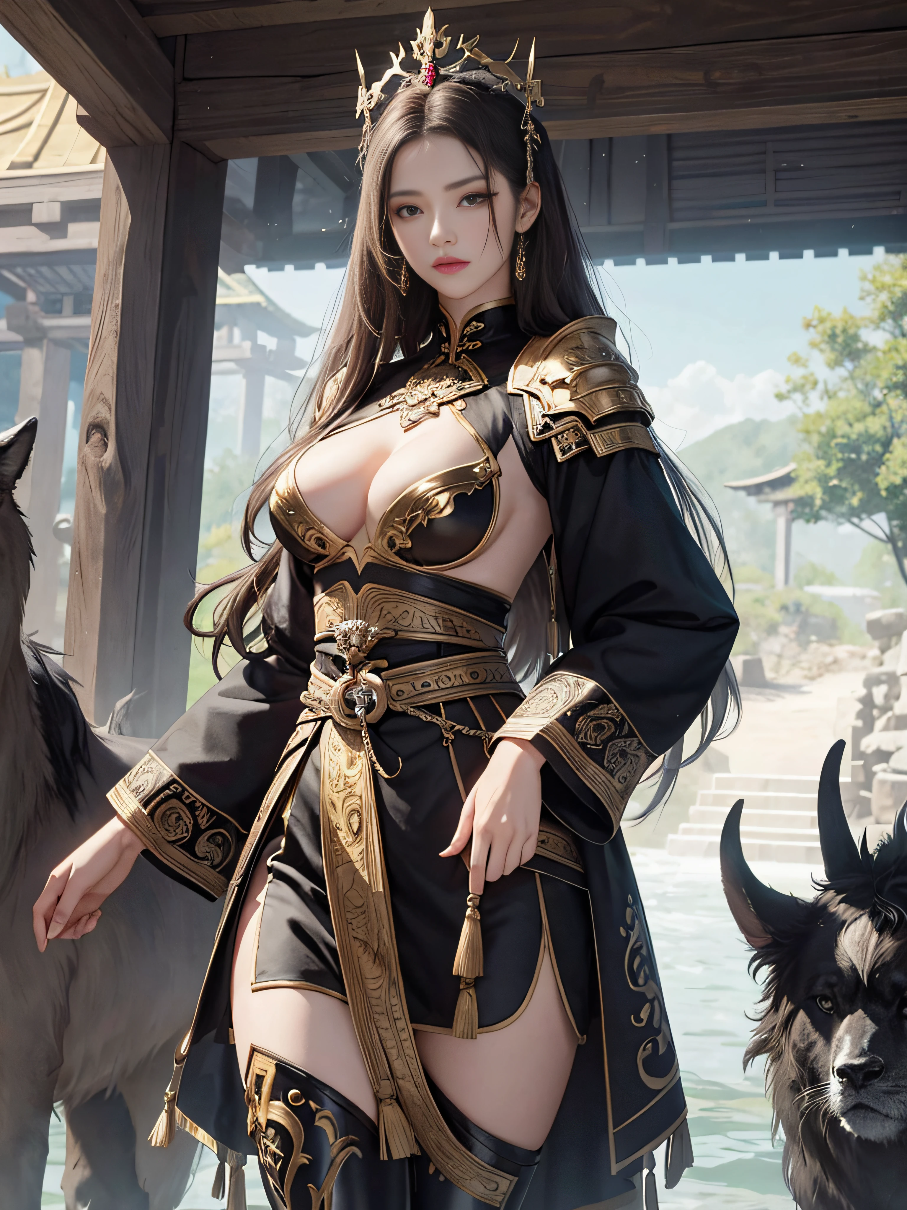 tmasterpiece，A high resolution,Absolutely beautiful，Oriental women，Eastern warriors，a mature female，，Fine and detailed eyes and detailed face，Tall and tall，She wears armour，Full coverage of the armor，Armor pants，Armor boots，Show off your armor and iron boots、、decor，Shogun， allure：（Tall：1.4），haughty，Mature temperament，（Wide buttock：1.4），（Thick thighs：1.4），Majesty，Rich scene detail，In the midst of the war，are standing，action