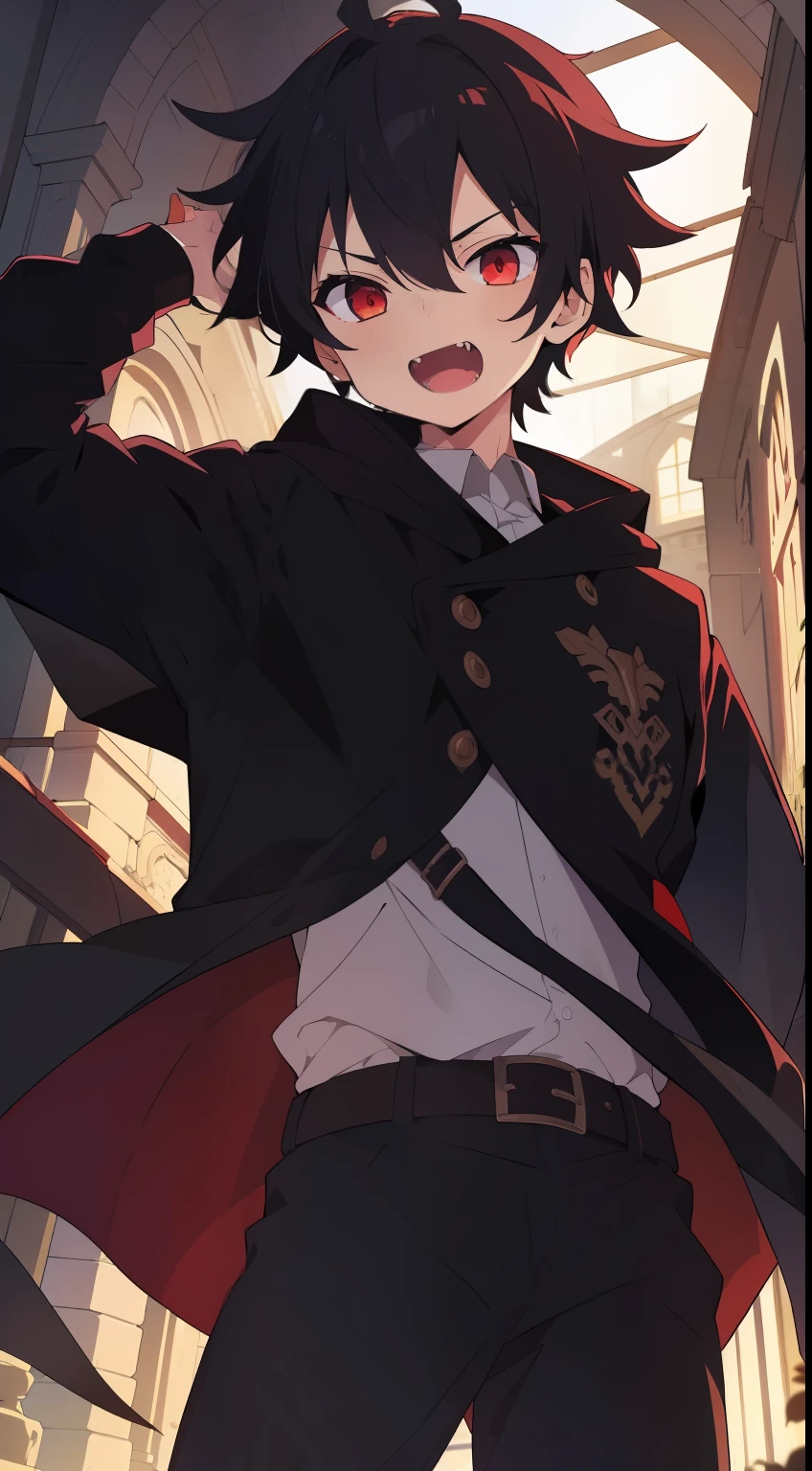 "(0～3 people)(((Best quality))),(((Ultra detailed))),(((Masterpiece))), illustration," "1boy", "Hair color:Red", "expression: mysterious，Fang，Open your small mouth，pointy teeth", "Clothing: Black cloak", "scene: Gothic castle"