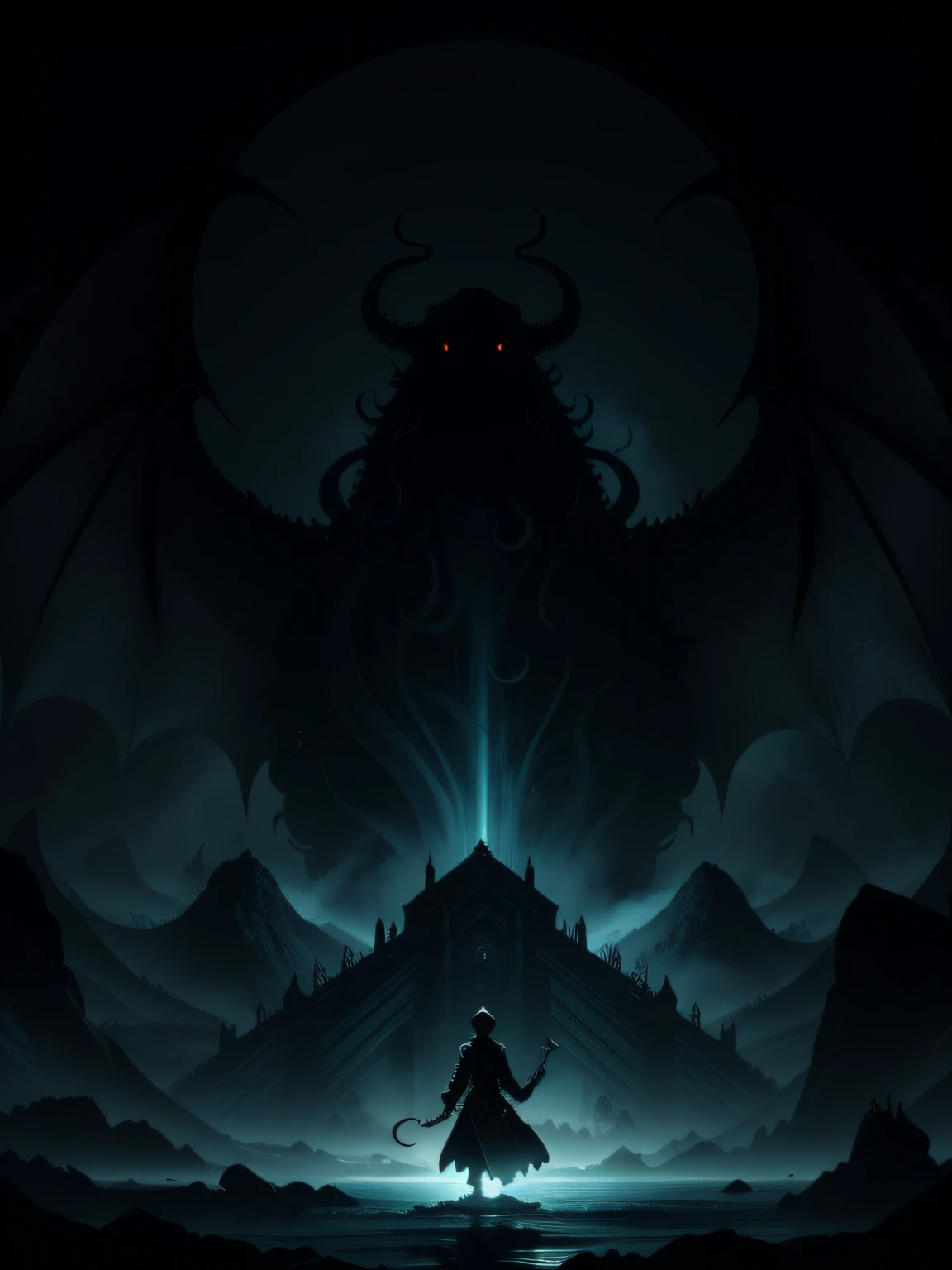 [cthulhu] Heraldic silhouette, logo masking style illustration, by dan mumford, by greg rutkowski, by james jean, black background, mysterious, fantasy art, realistic, majestic, rich vibrant colors, high contrast, seamless water brand, artstation, deviantart, dribble, redbubble, teepublic, sharp focus, simple, hyper detailed, detailed drawing, vectorize, outline, isometric style, 8k."