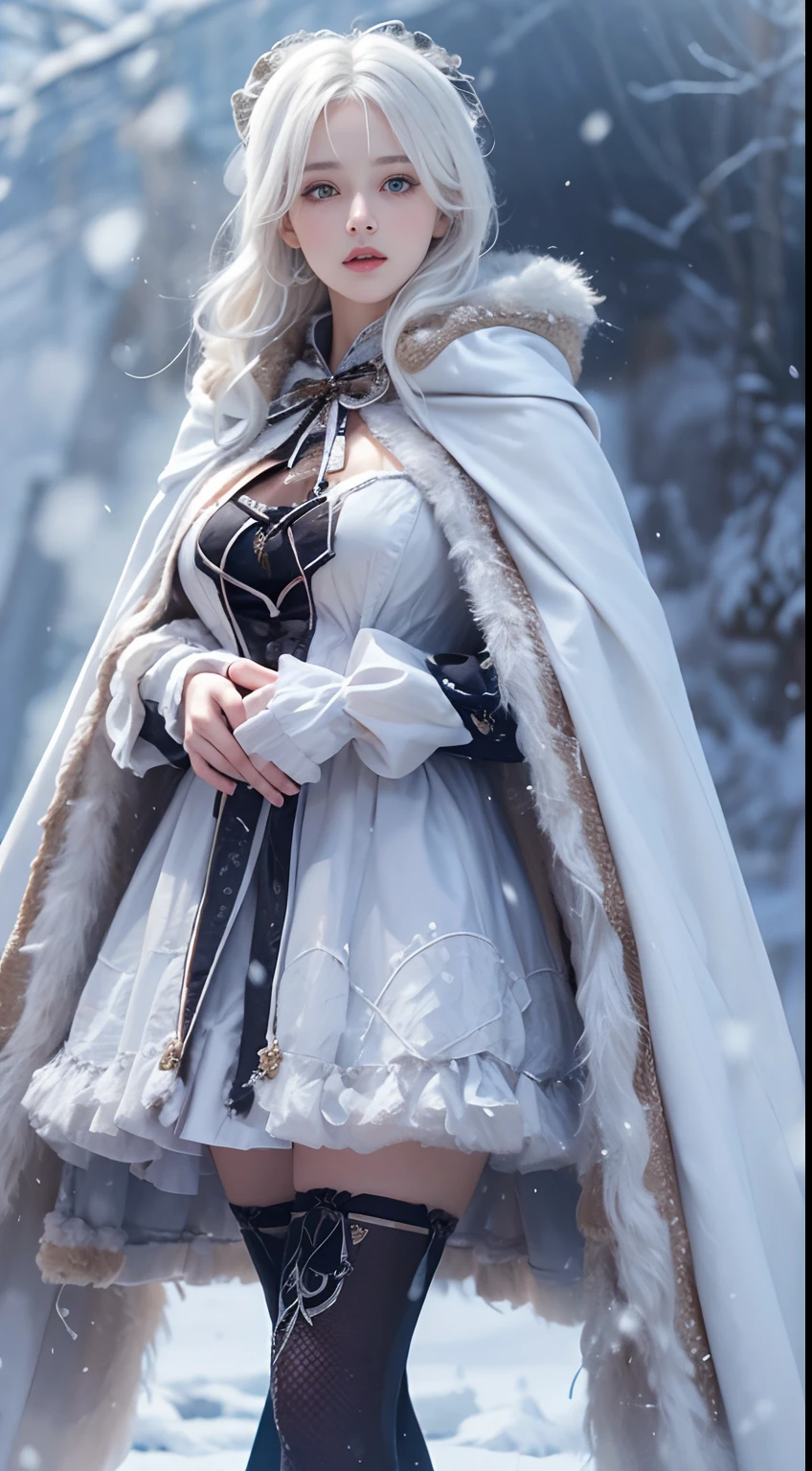 Photorealistic, high resolution, 1 Women, Solo, (Lolita costume)，Gorgeous costumes，Face the audience，The upper part of the body，upper legs， beautidful eyes, White hair, ringed eyes, (outside，Heavy snowfall，Cloak，Cover with snow)，snowfield