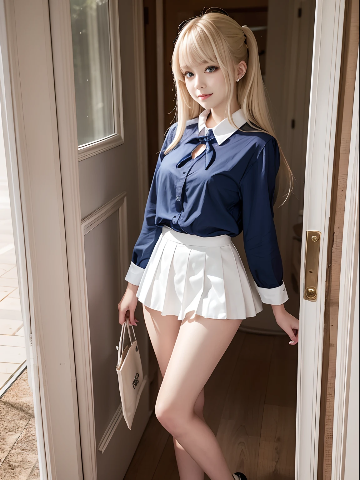 portlate、School Uniforms、bright expression、poneyTail、Young shiny shiny white shiny skin、Best Looks、Blonde reflected light、Platinum blonde hair with dazzling highlights、shiny light hair,、Super long silky straight hair、Beautiful bangs that shine、Glowing crystal clear attractive big blue eyes、Very beautiful nice cute 16 year old girl、Lush bust、smil、full body seen、With slit、