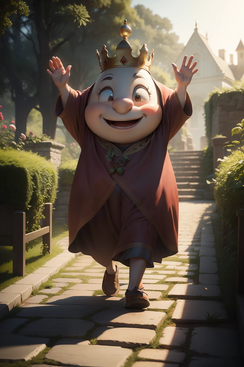 A huge and important tomato vegetable walks in the garden and smiles broadly, along a stone path with steps, waving his arms in a friendly way, a small crown on his head, Lots of detail, Disney Pixar style, realistic, cinematic, ray tracing, in the style of realistic lighting with chiaroscuro, detailed facial features , close-up, Fantasy background, light haze.
