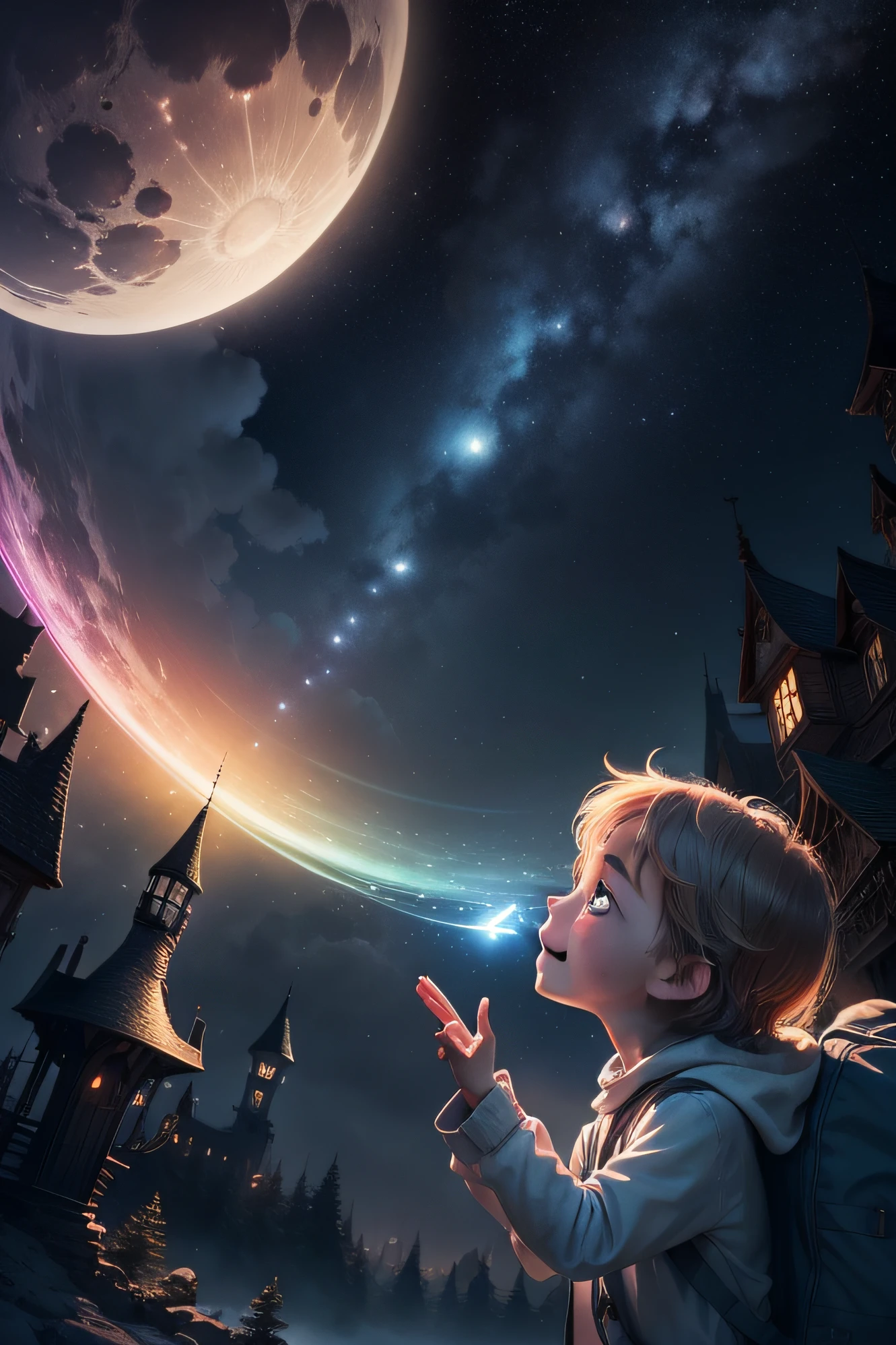 "Crie uma imagem com uma atmosfera encantadora e infantil, inspired by the book 'Greg and the Magic Night'. Nessa imagem, inclua os personagens Lucas e Greg, both exploring a night scene full of wonders. Add a starry sky with smiling stars and a friendly watching moon. Ademais, Insert a translucent spirit with a friendly and bright appearance, as a magical guide on the night journey. Use soft, vibrant colors to create a cheerful and magical environment that resonates with children's audiences. Let your creativity flow and capture the sense of adventure and mystery that the book conveys."